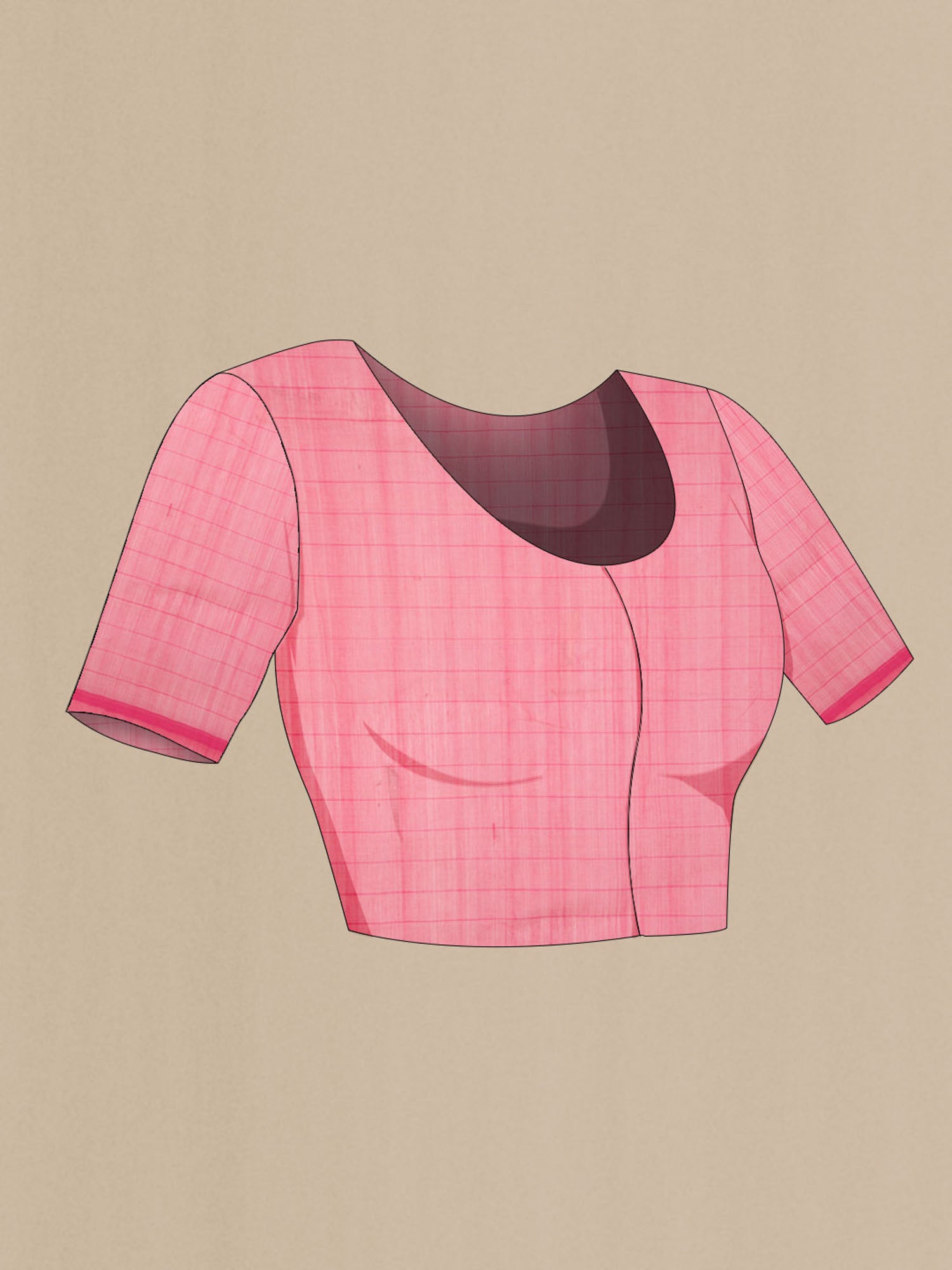 Close up image of the blouse of Peach Mangalagiri Cotton Saree with Checked design on the body and Plain Border. 