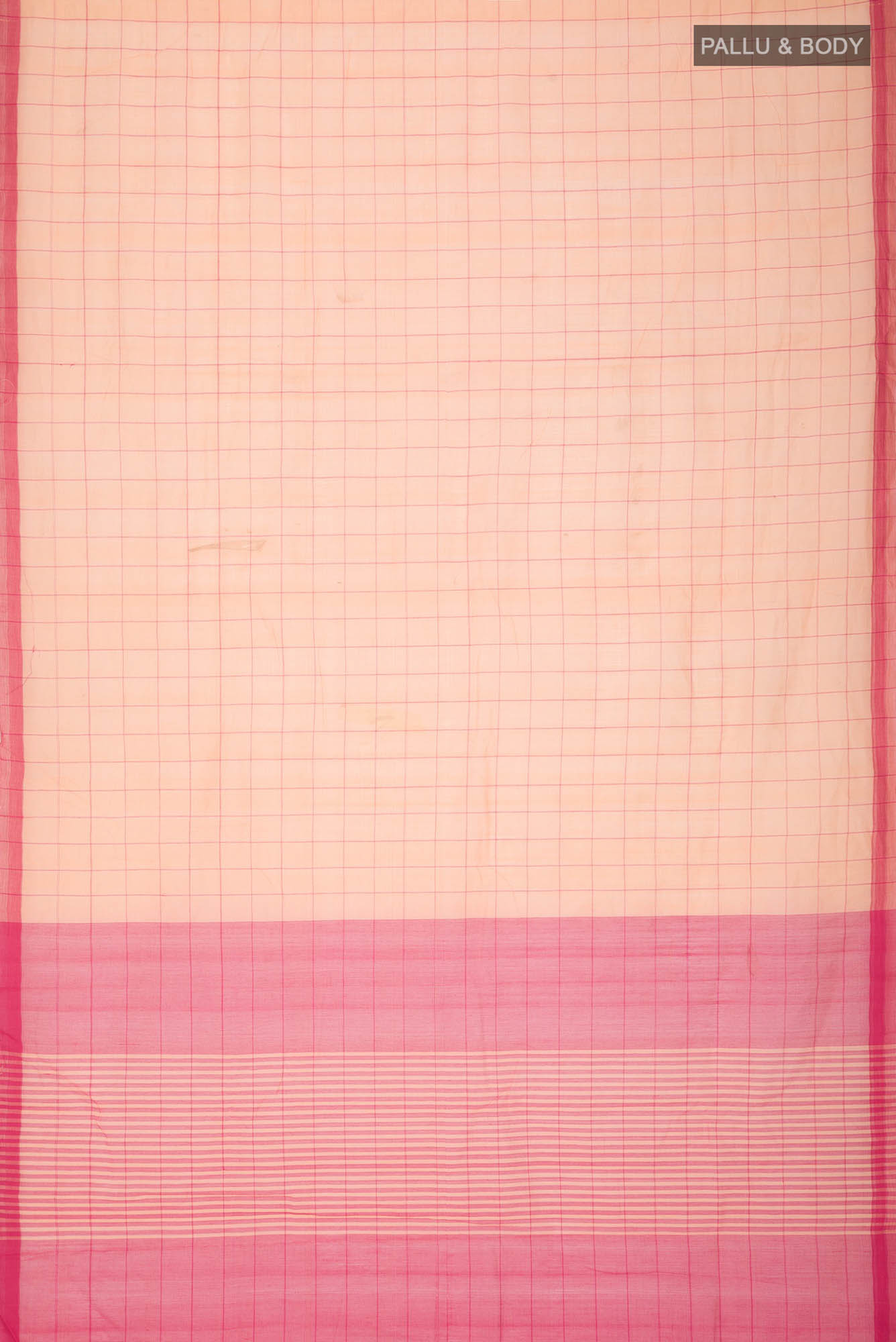 Flat view of Peach Mangalagiri Cotton Saree with Checked design on the body and Plain Border. 