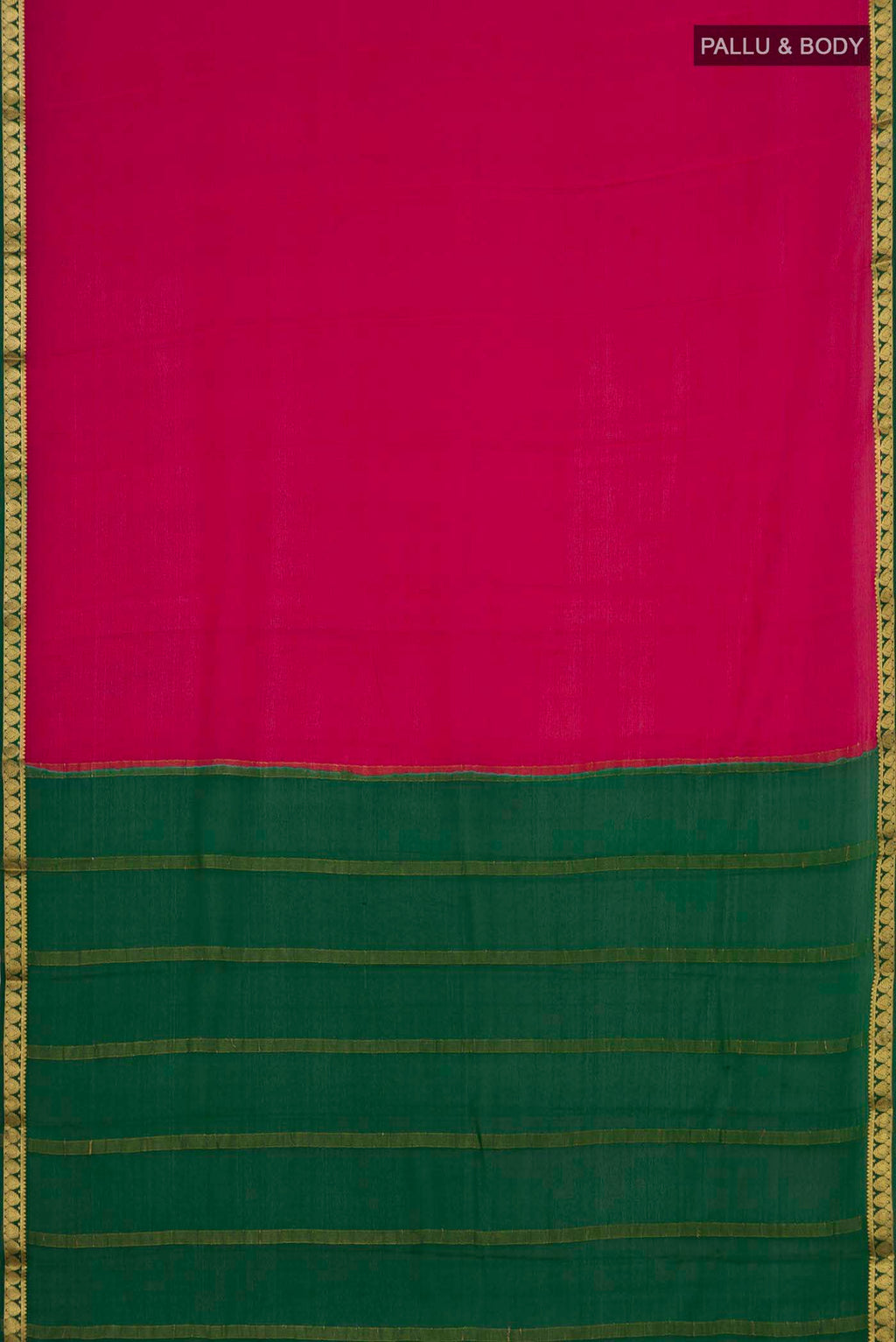 Flat view of Maroon Mysore Crepe Saree with Plain Body and Zari Border. 