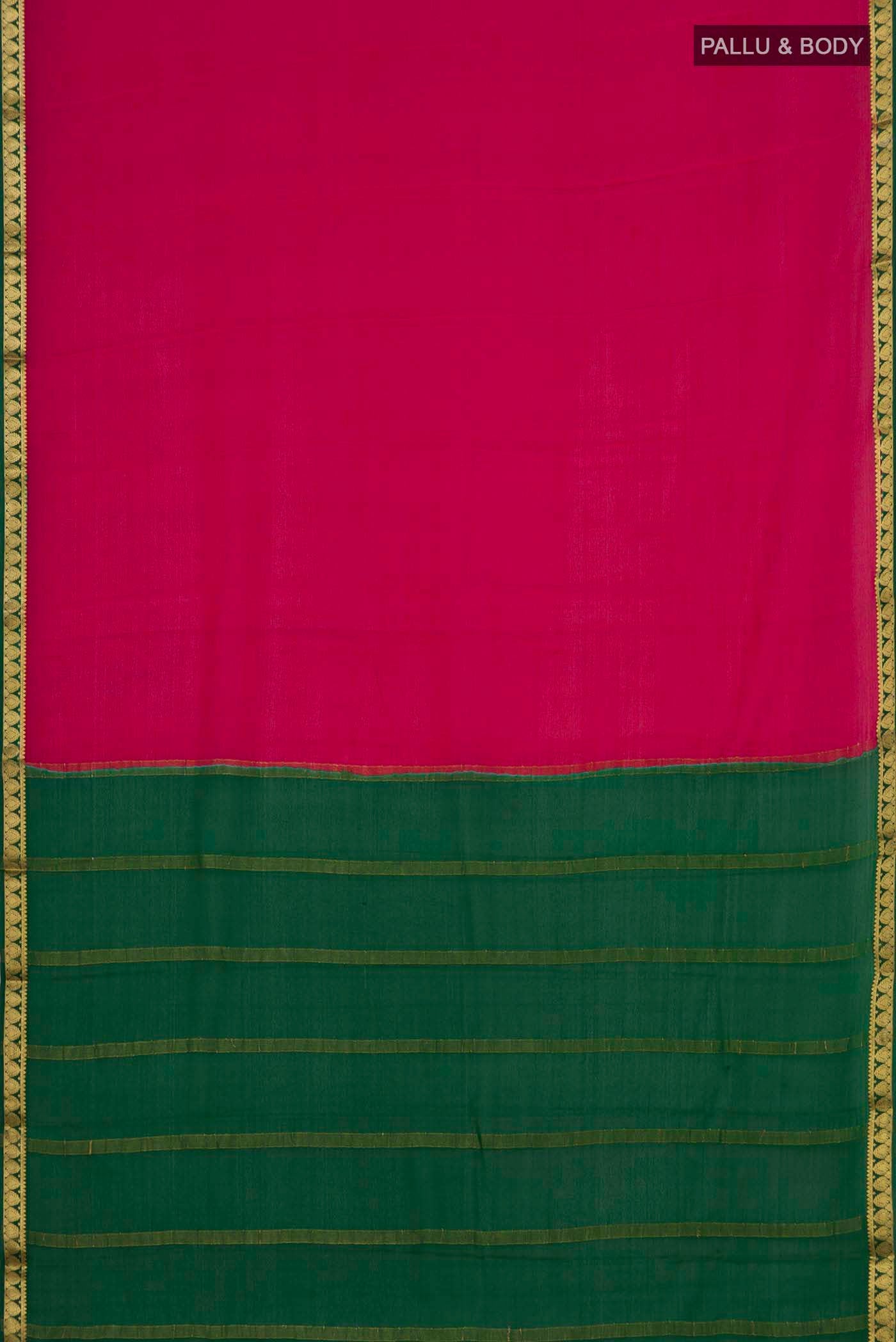Flat view of Maroon Mysore Crepe Saree with Plain Body and Zari Border. 