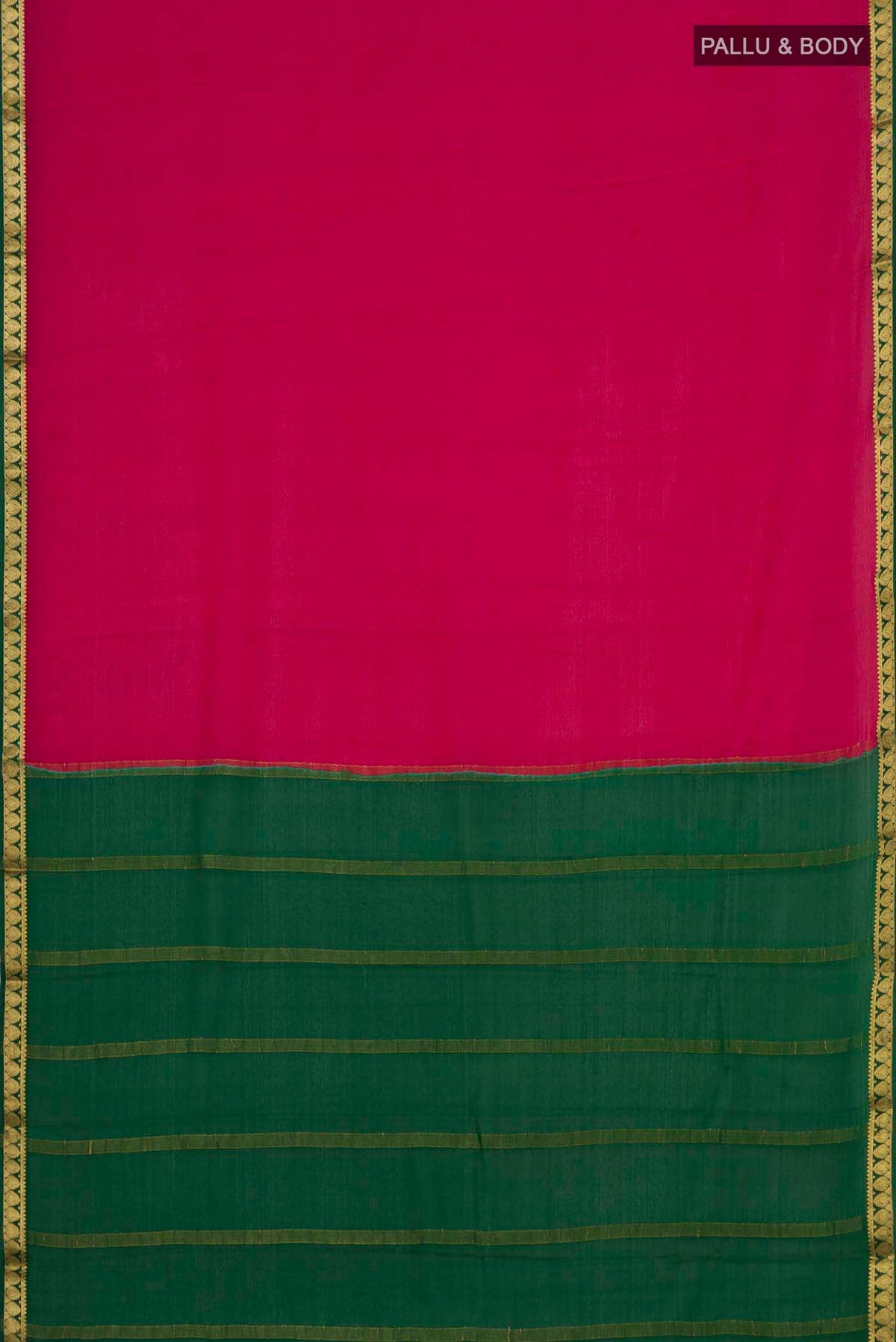 Flat view of Maroon Mysore Crepe Saree with Plain Body and Zari Border. 