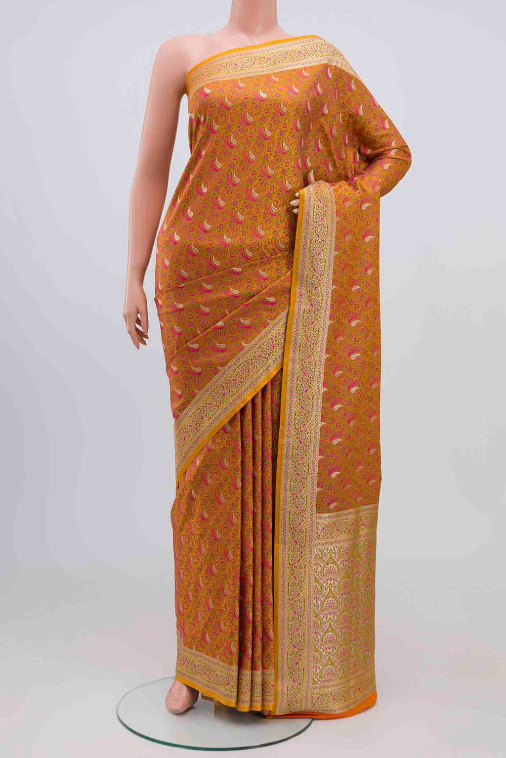Yellow Blended Banarasi Silk Saree with Jacquard With Zari Butta on the body and Zari Border.  displayed on a mannequin