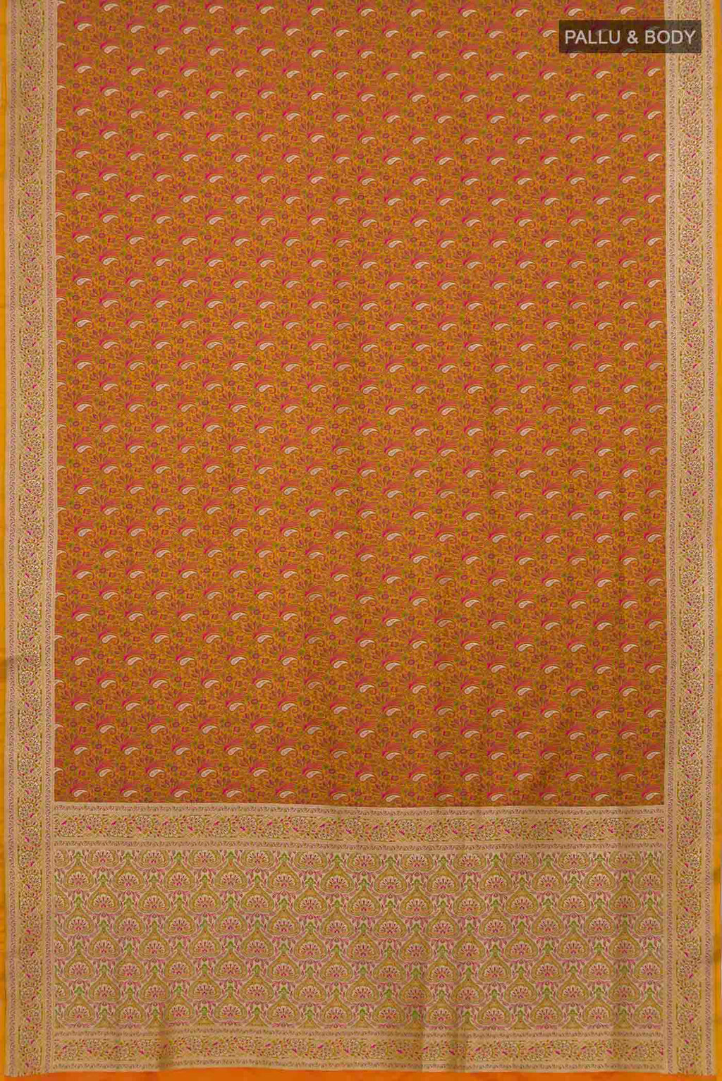 Flat view of Yellow Blended Banarasi Silk Saree with Jacquard With Zari Butta on the body and Zari Border. 