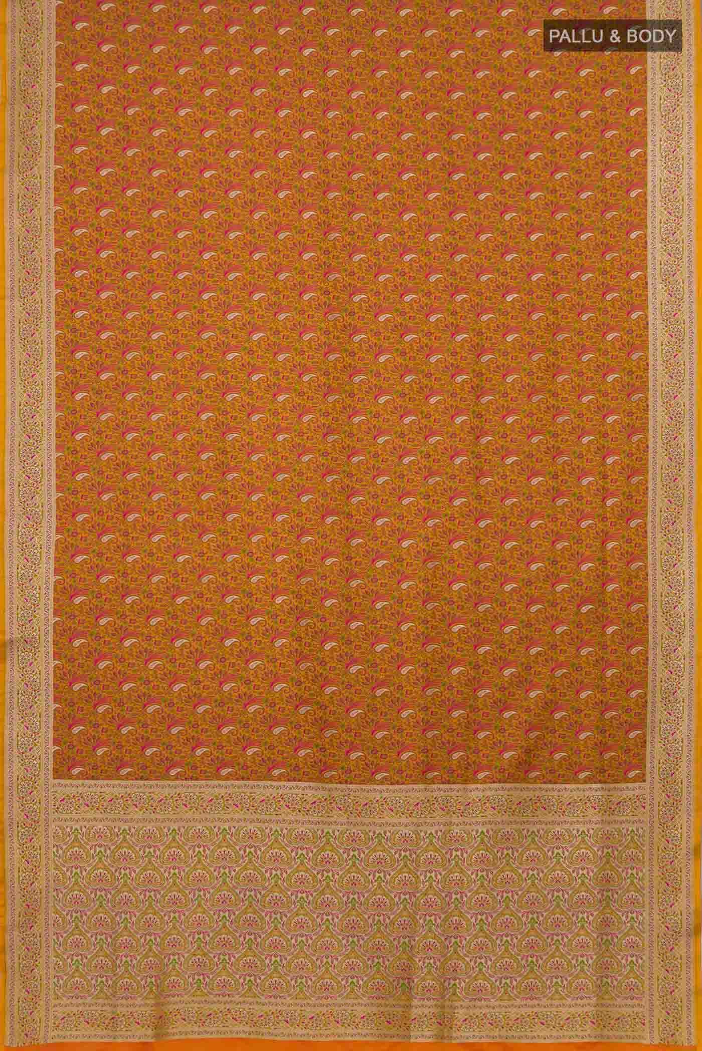 Flat view of Yellow Blended Banarasi Silk Saree with Jacquard With Zari Butta on the body and Zari Border. 