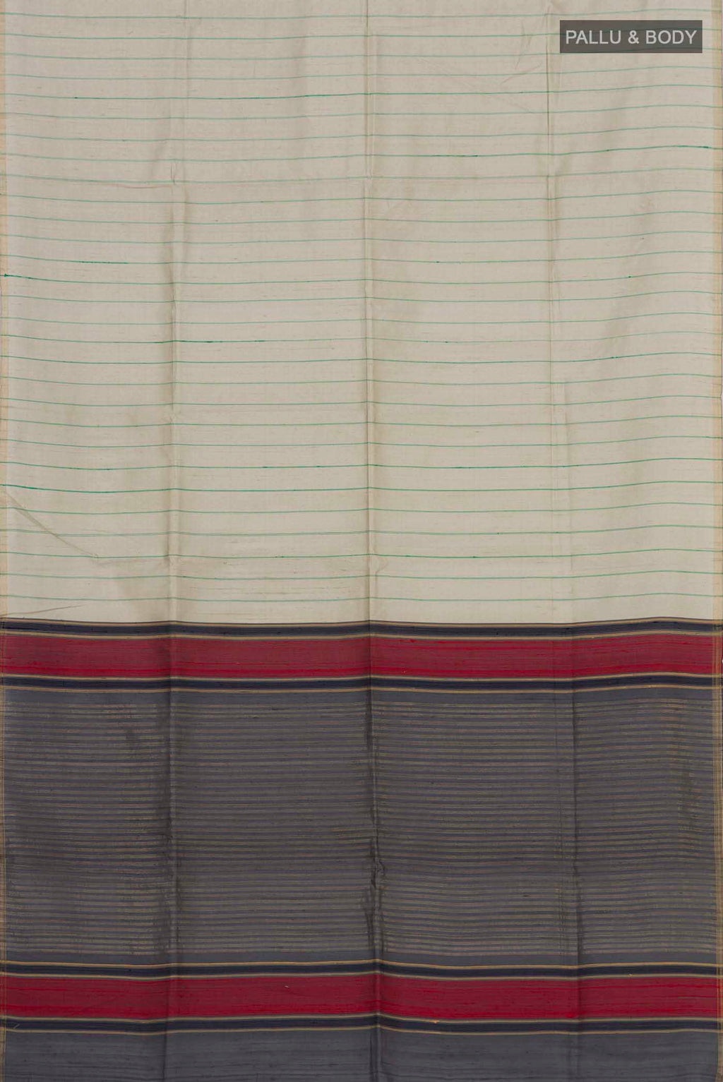 Flat view of Sage Green Raw Silk Saree with Stripes on the body and Zari Border. 