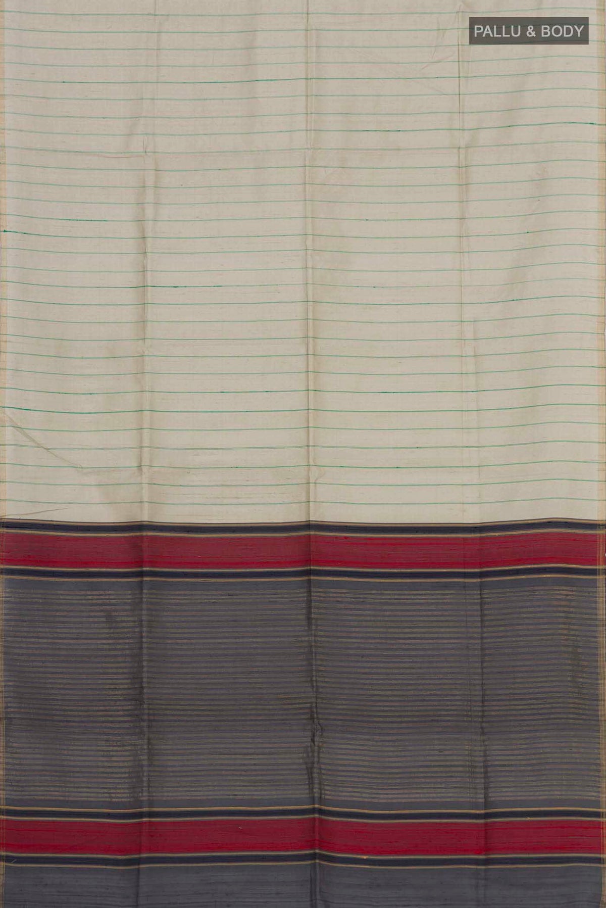 Flat view of Sage Green Raw Silk Saree with Stripes on the body and Zari Border. 
