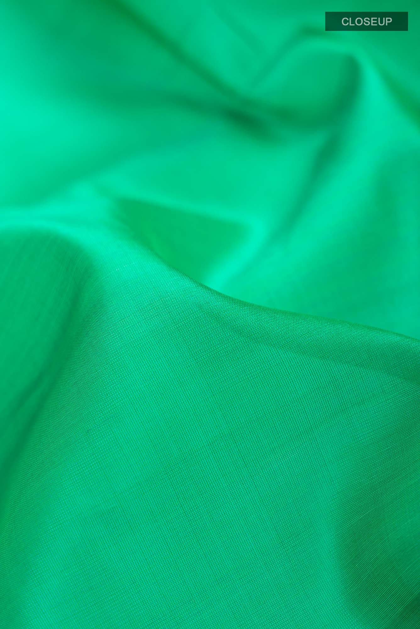 Close up of Green Raw Silk Saree with Plain Body and Zari Border.  displaying folds