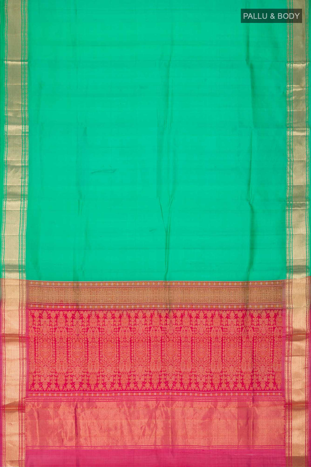 Flat view of Green Raw Silk Saree with Plain Body and Zari Border. 