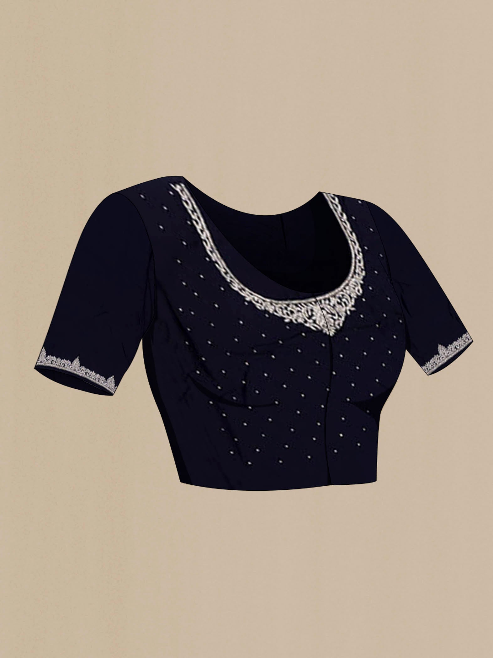 Close up image of the blouse of Navy Blue Blended Satin Silk Saree with Embroidery on the body and Fancy Border. 