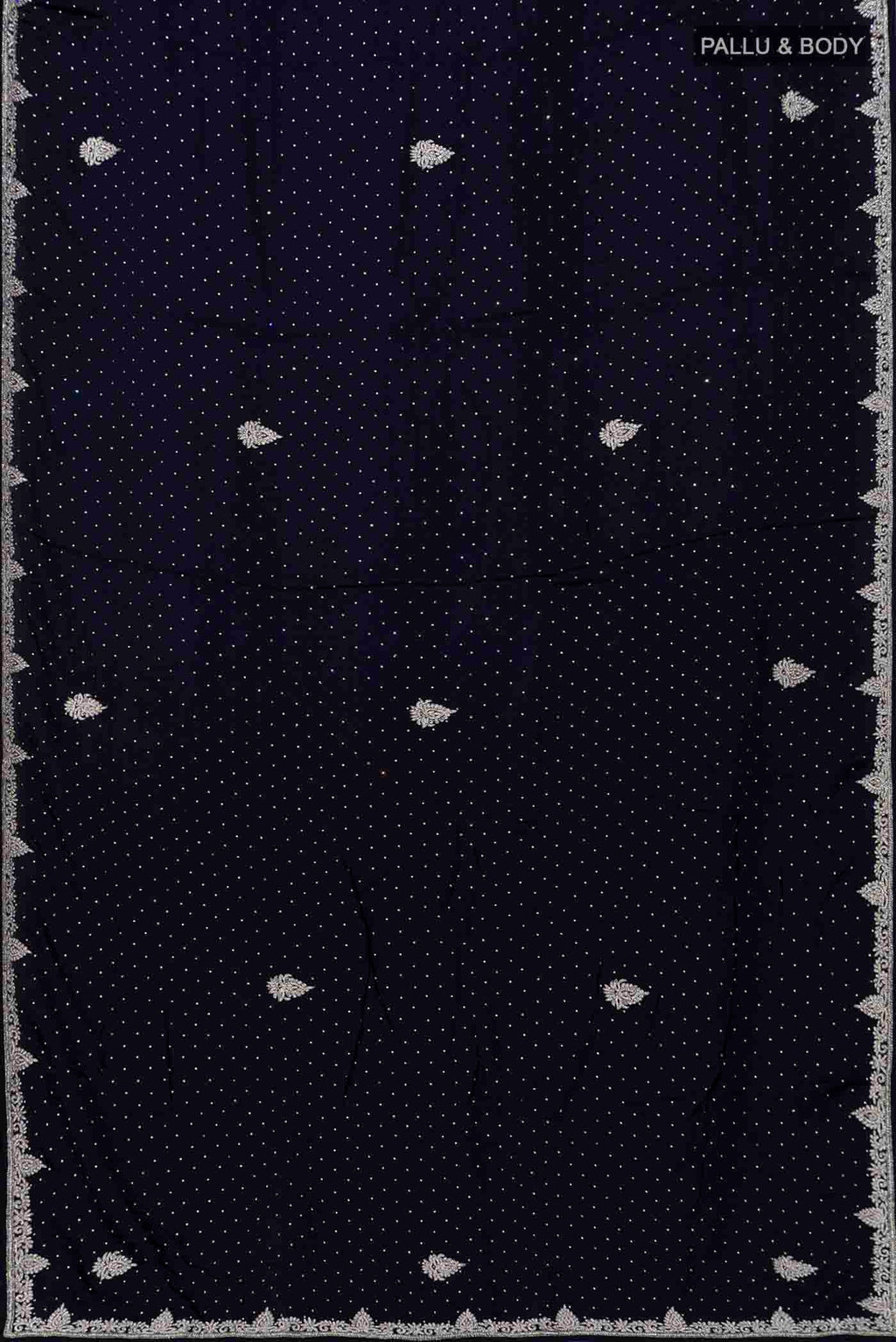 Flat view of Navy Blue Blended Satin Silk Saree with Embroidery on the body and Fancy Border. 