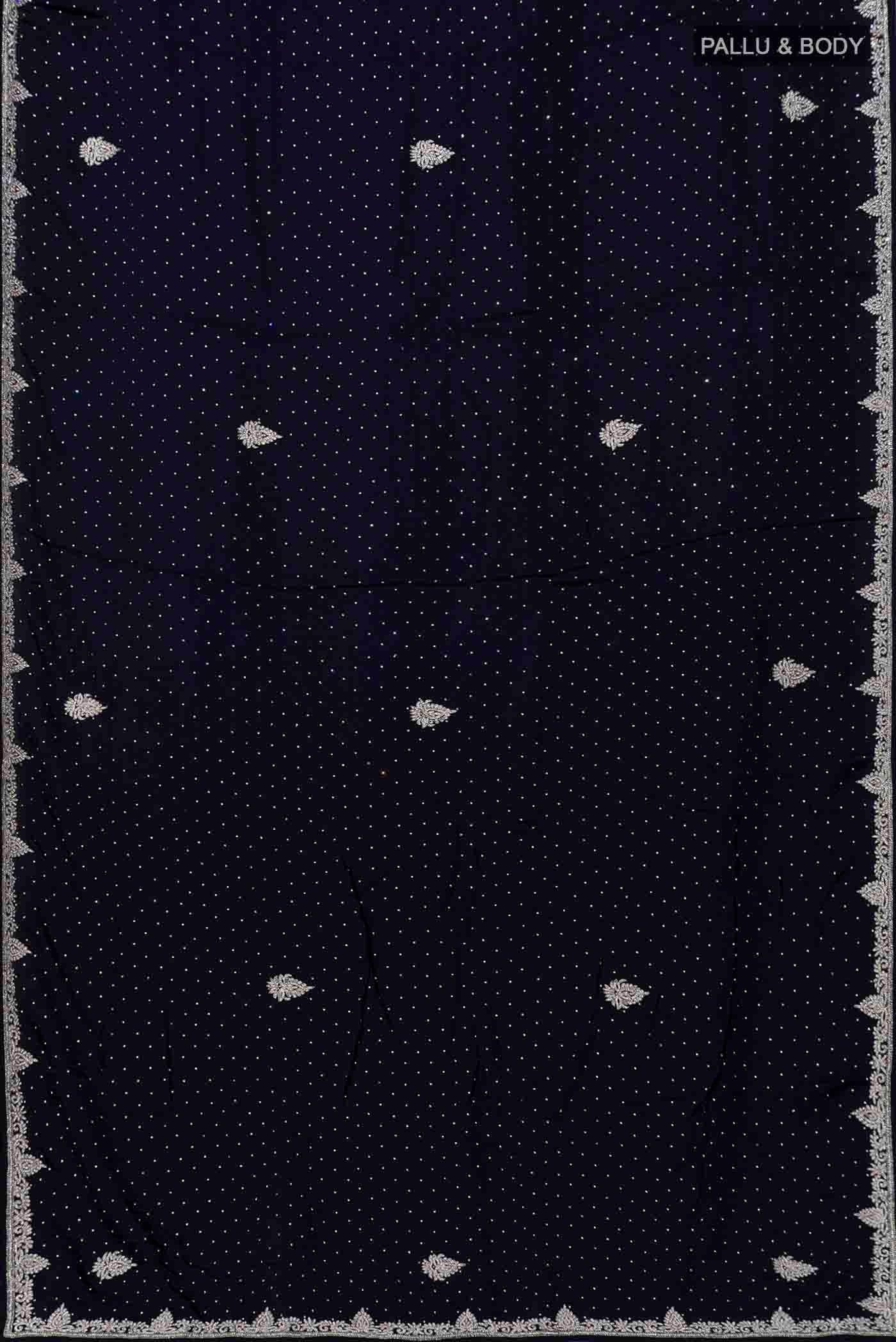Flat view of Navy Blue Blended Satin Silk Saree with Embroidery on the body and Fancy Border. 