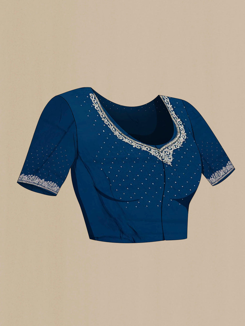 Close up image of the blouse of Blue Blended Satin Silk Saree with Embroidery on the body and Embroidery Border. 