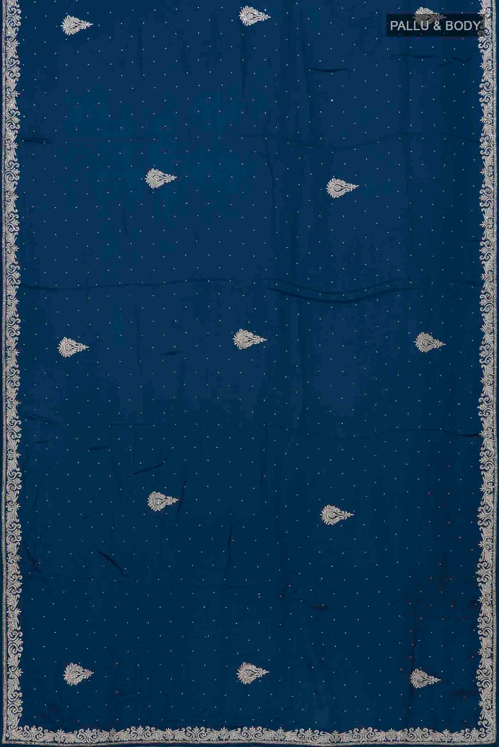 Flat view of Blue Blended Satin Silk Saree with Embroidery on the body and Embroidery Border. 