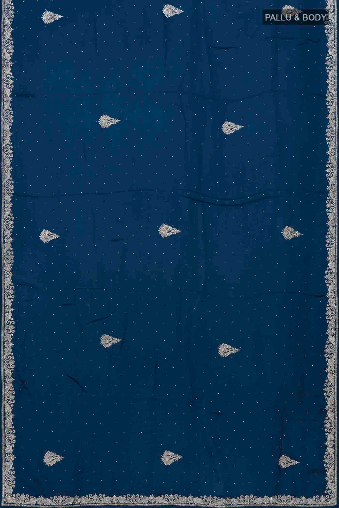 Flat view of Blue Blended Satin Silk Saree with Embroidery on the body and Embroidery Border. 