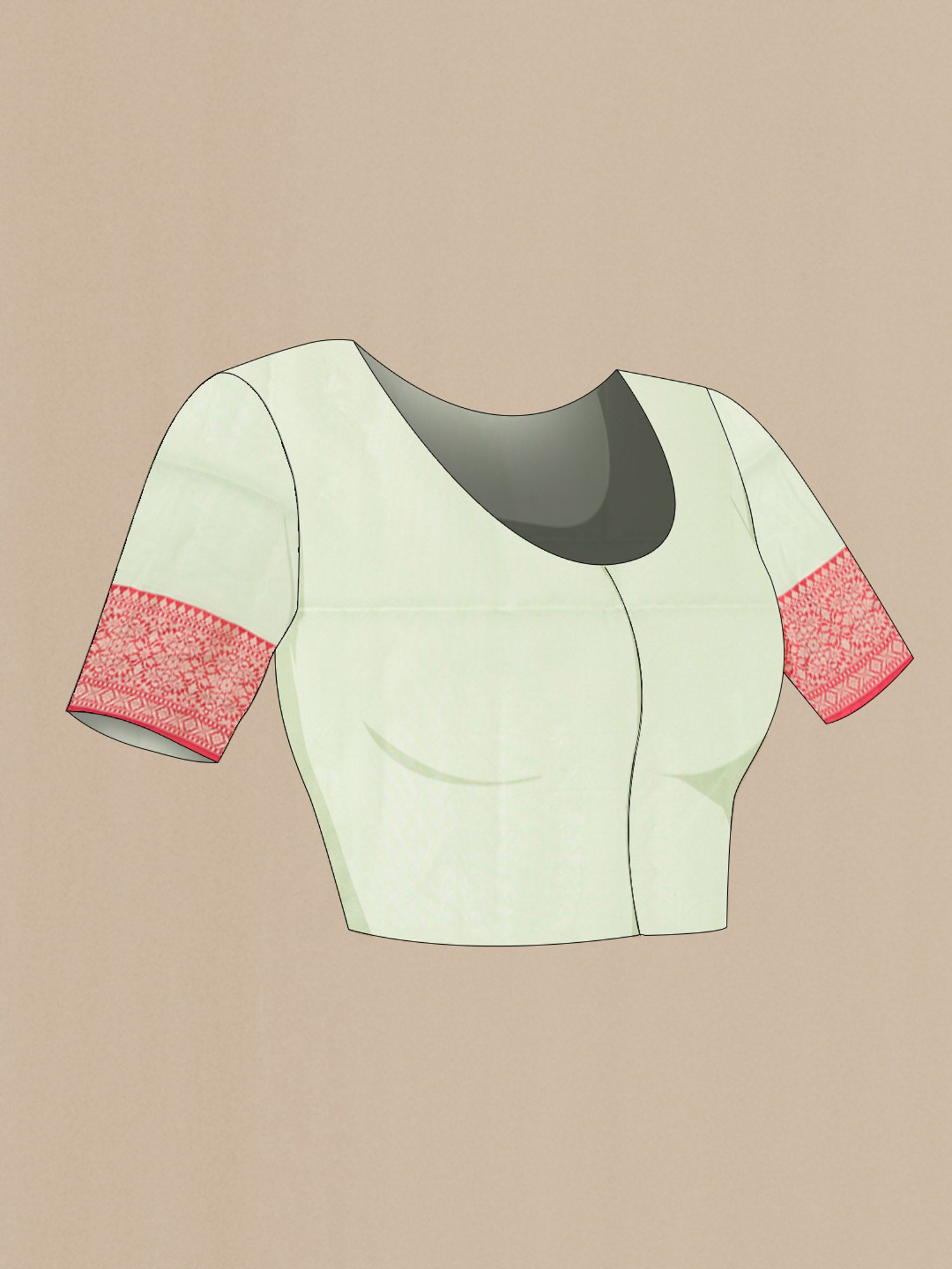 Close up image of the blouse of Green Blended Kora Cotton Saree with Zari Butta on the body and Zari Border. 