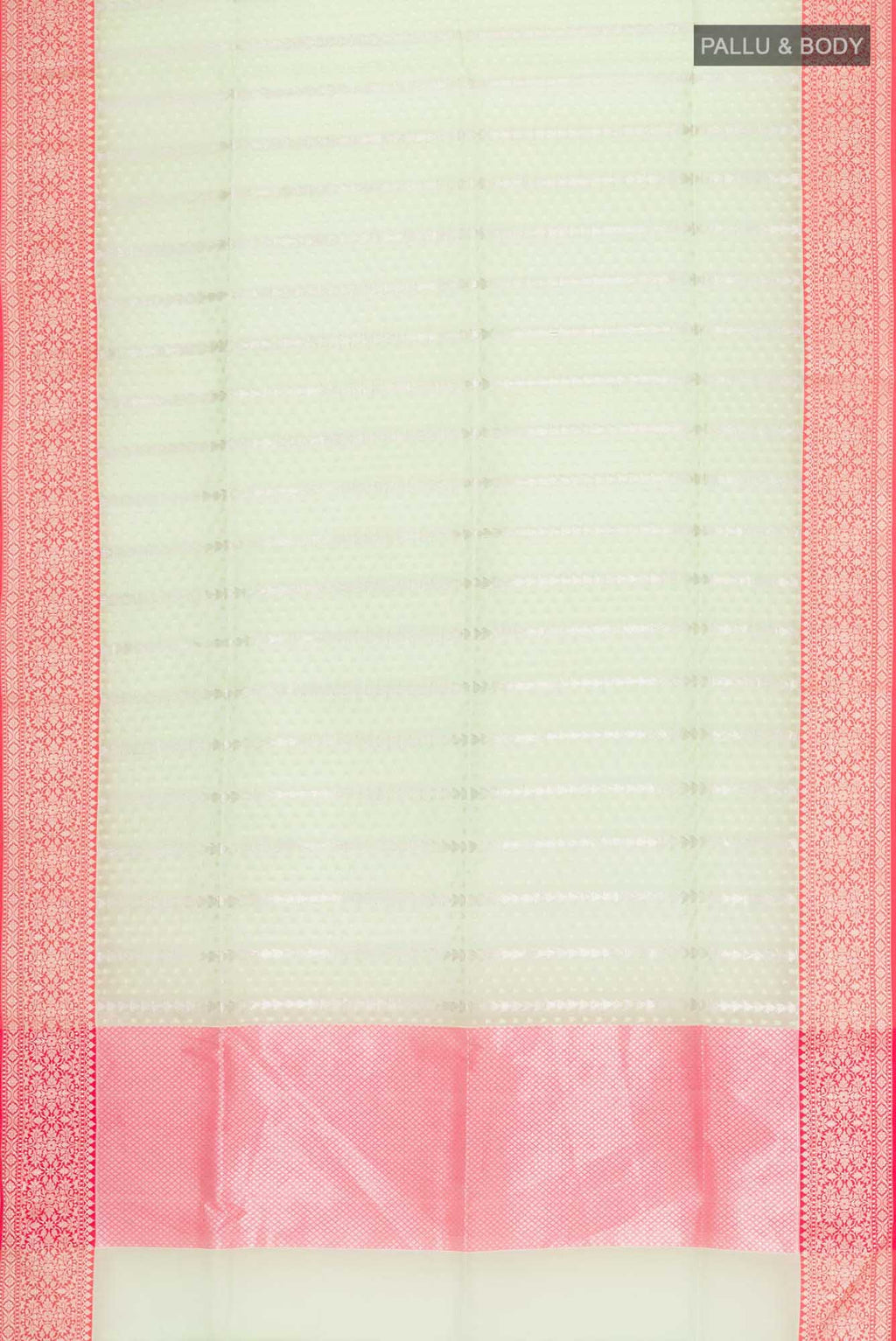 Flat view of Green Blended Kora Cotton Saree with Zari Butta on the body and Zari Border. 