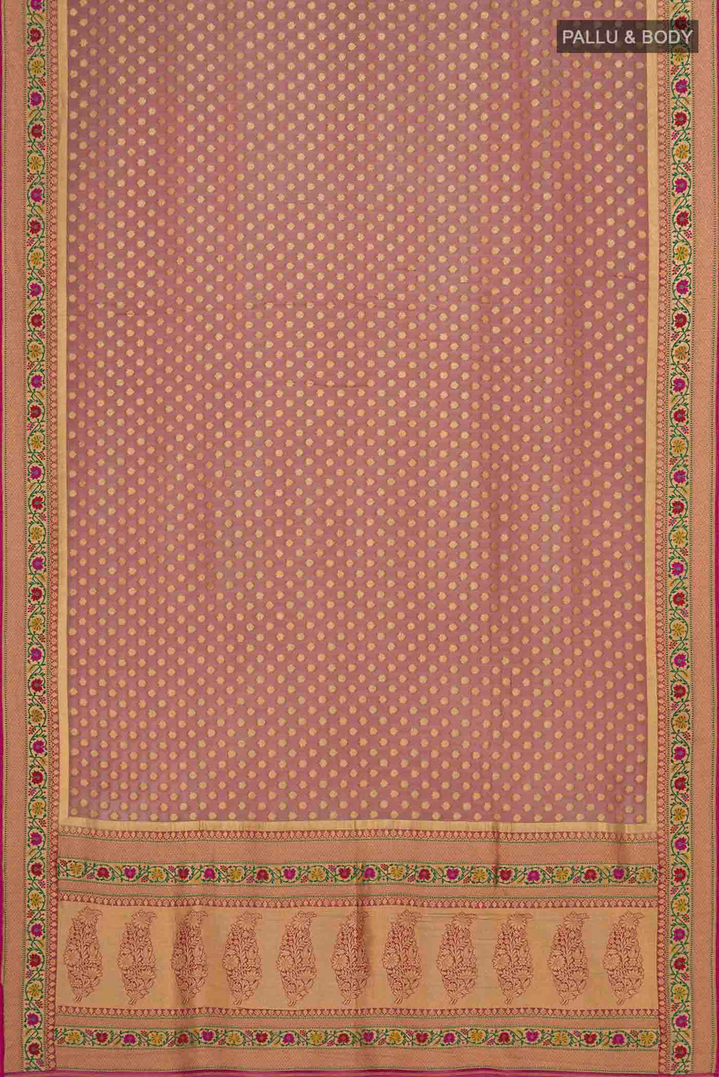 Flat view of Mauve Banarasi Georgette Saree with Zari Butta on the body and Zari Border. 