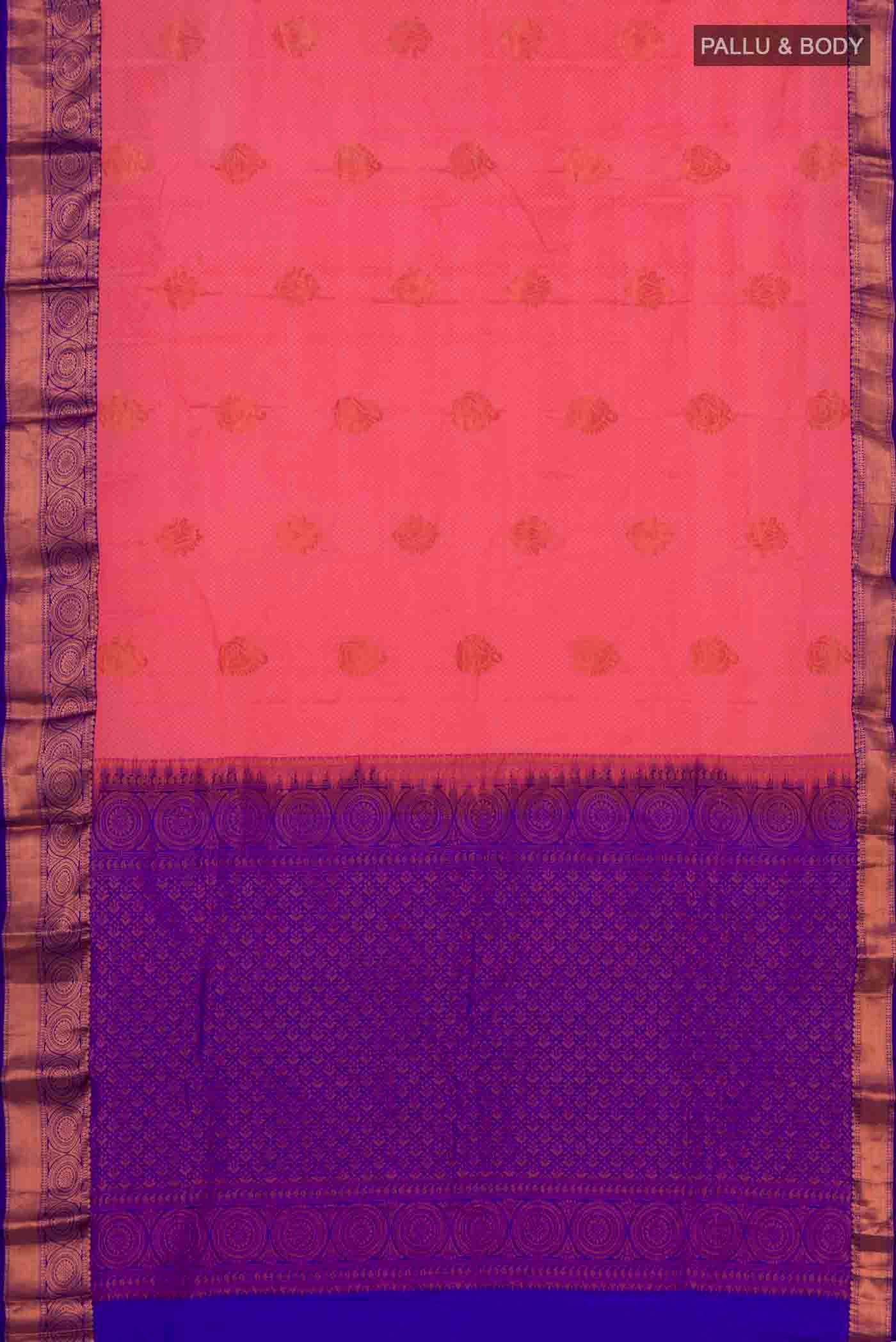 Flat view of Coral Blended Kanjivaram Silk Saree with Jacquard With Zari Butta on the body and Zari Border. 