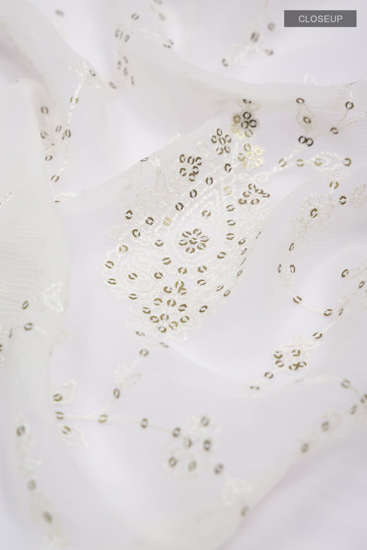 Close up of Cream Blended Chiffon Saree with Embroidery on the body and Lace Border.  displaying folds