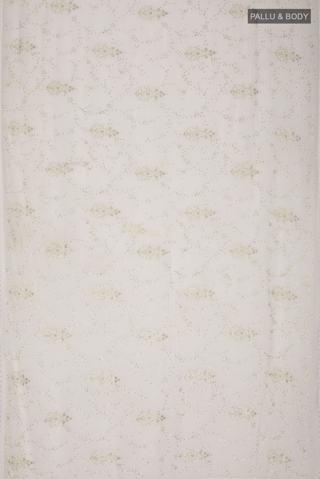 Flat view of Cream Blended Chiffon Saree with Embroidery on the body and Lace Border. 