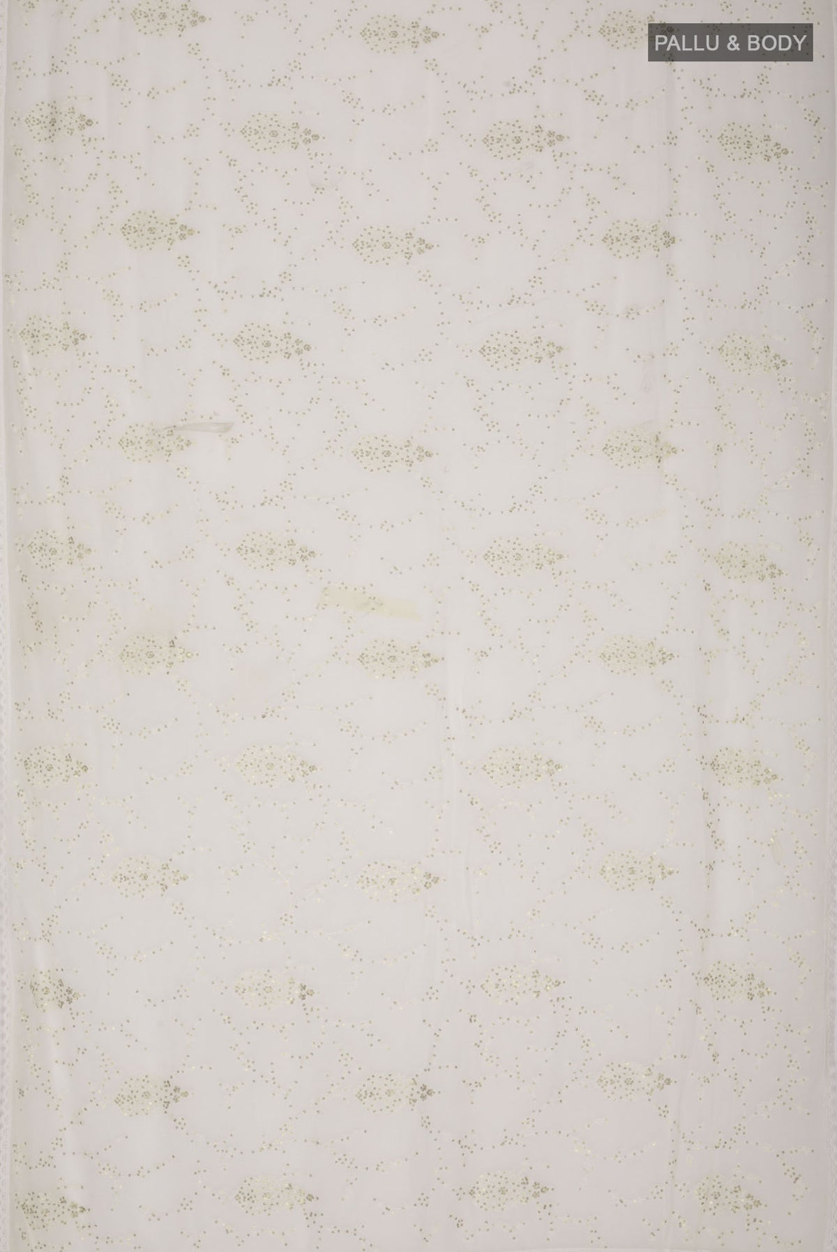 Flat view of Cream Blended Chiffon Saree with Embroidery on the body and Lace Border. 