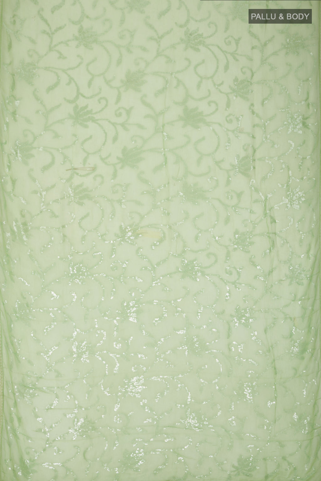 Flat view of Green Blended Chiffon Saree with Embroidery on the body and Lace Border. 