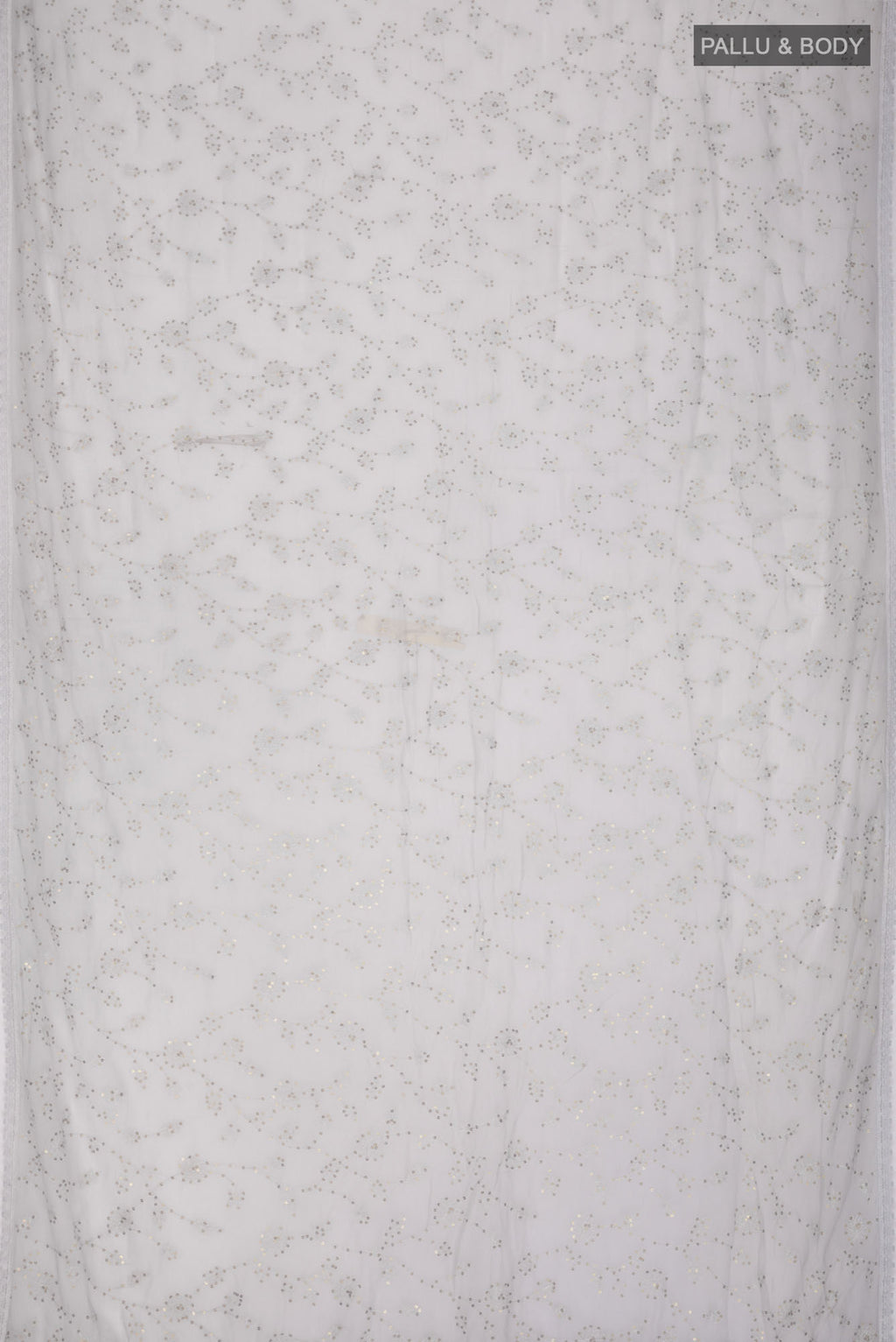 Flat view of Grey Blended Chiffon Saree with Embroidery on the body and Lace Border. 