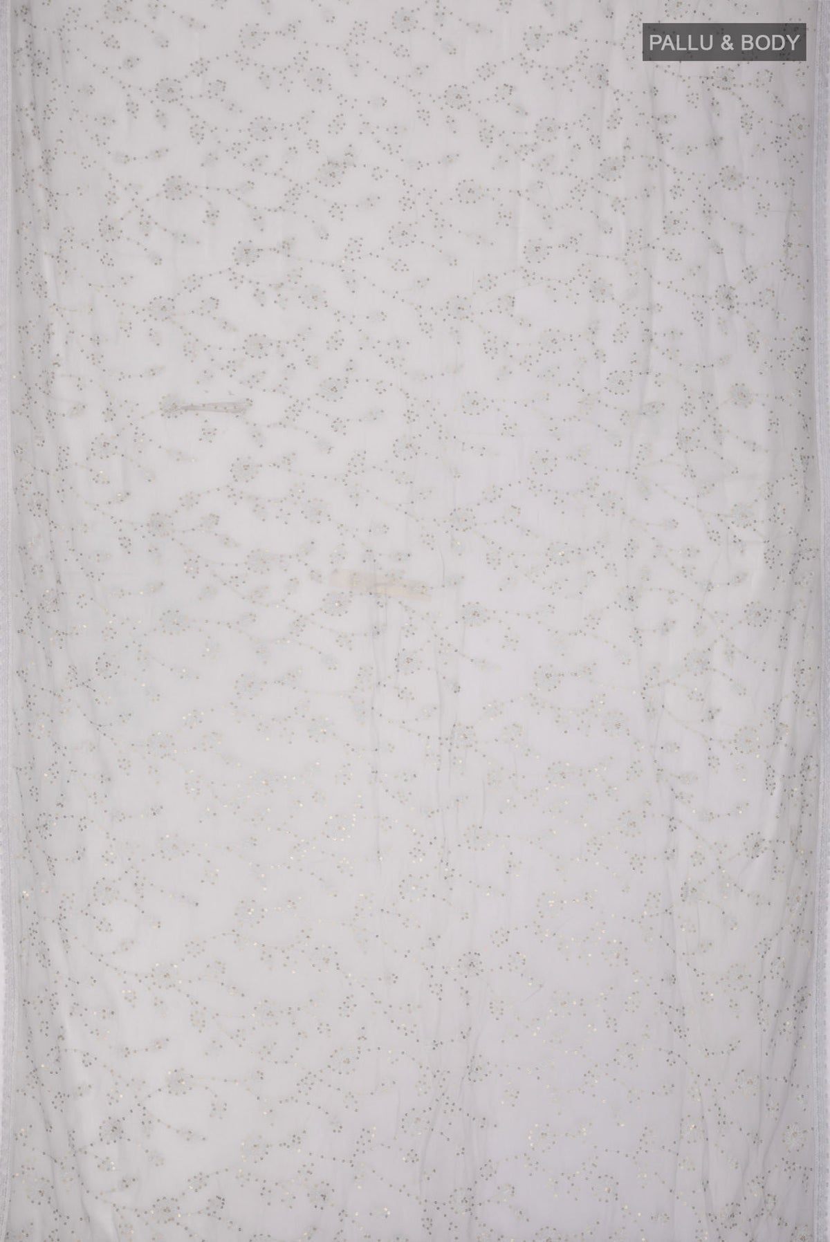 Flat view of Grey Blended Chiffon Saree with Embroidery on the body and Lace Border. 