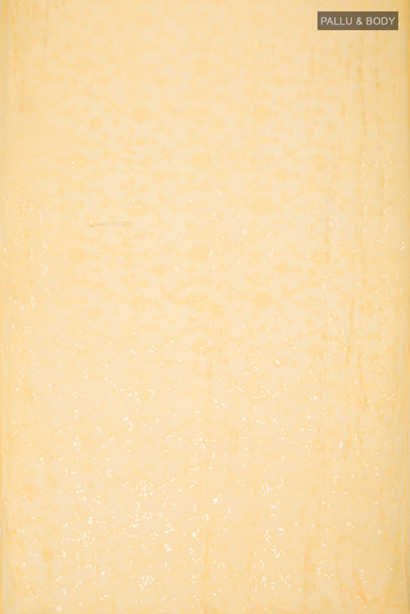 Flat view of Yellow Blended Chiffon Saree with Embroidery on the body and Lace Border. 