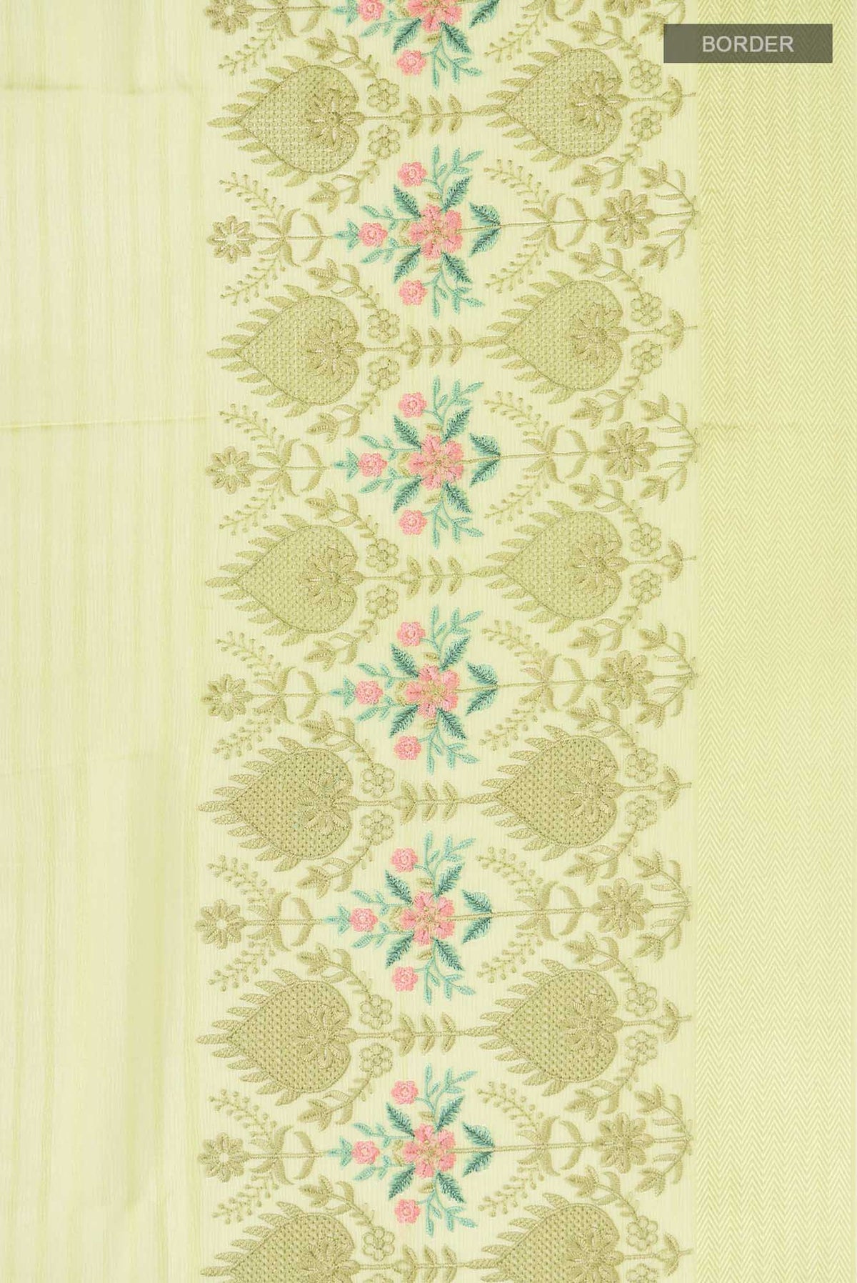 Border image of Green Mysore Chiffon Saree with Stripes on the body and Embroidery Border. 