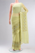 Green Mysore Chiffon Saree with Stripes on the body and Embroidery Border.  displayed on a mannequin
