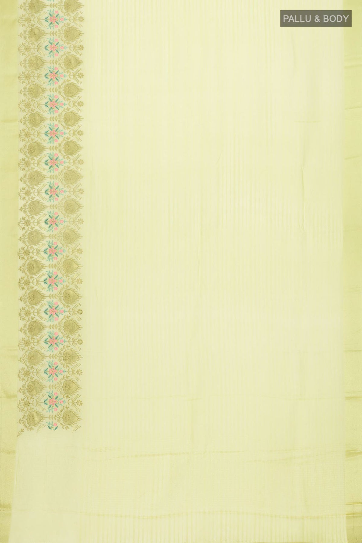Flat view of Green Mysore Chiffon Saree with Stripes on the body and Embroidery Border. 