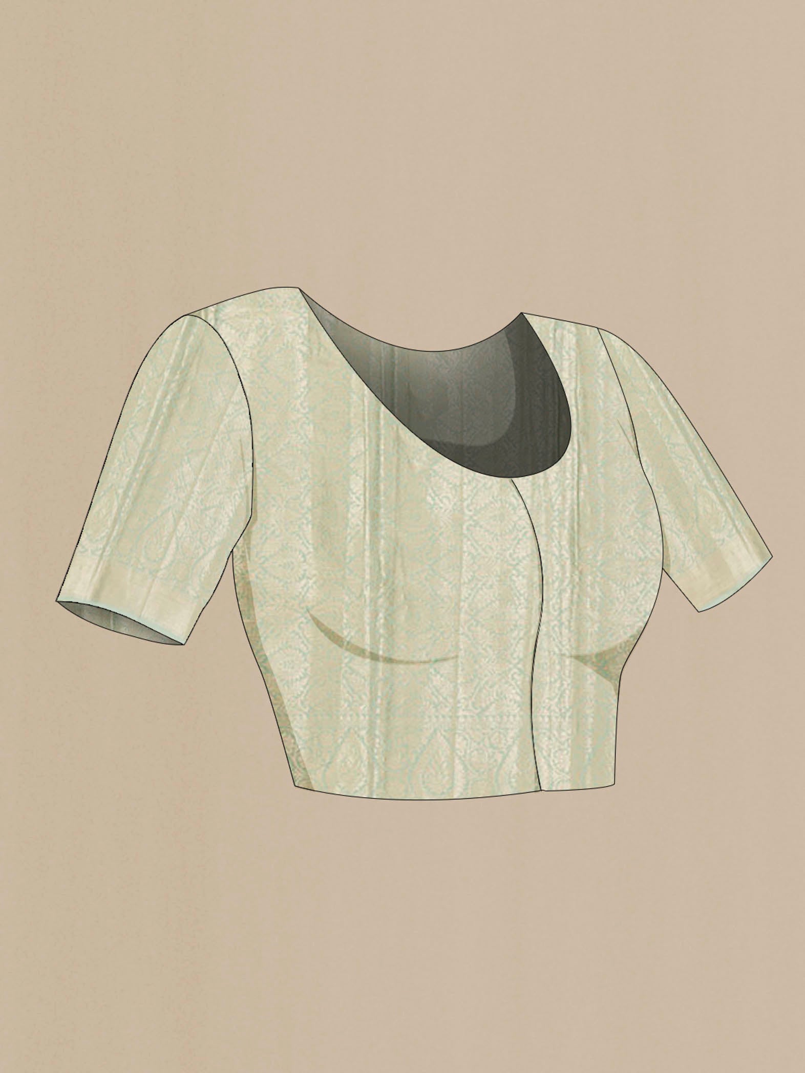 Close up image of the blouse of Mint Green Blended Silk Cotton Saree with Zari Butta on the body and Zari Border. 