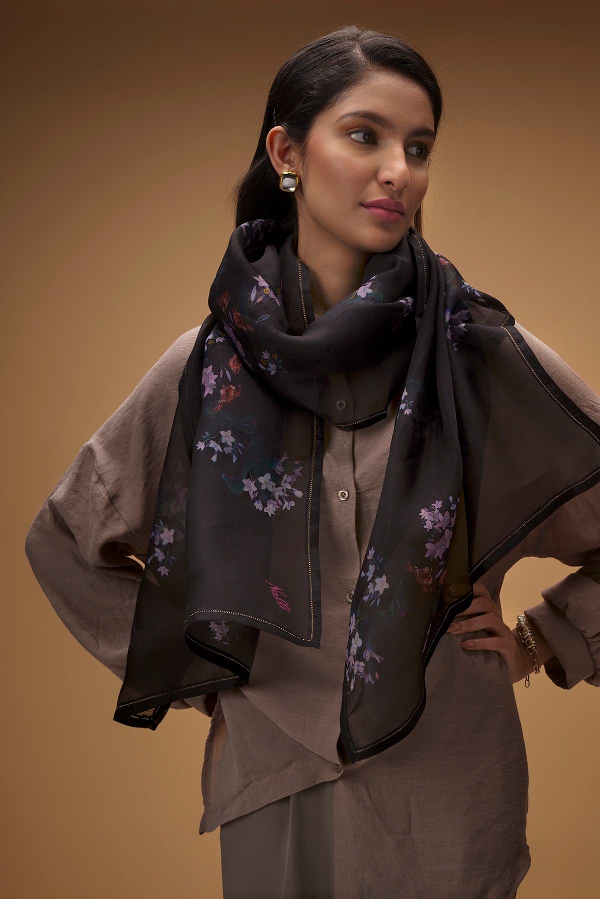 Black Pure Organza Silk Saree with Bird Print on the body and Without Border displayed on a mannequin