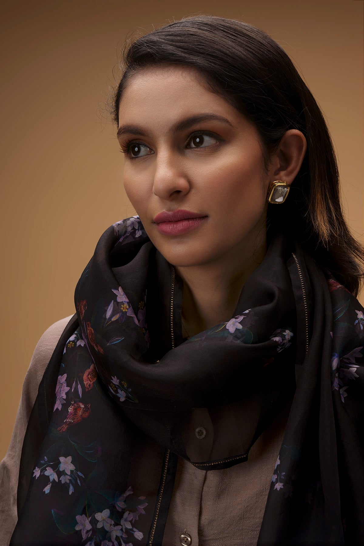 Flat view of Black Pure Organza Silk Saree with Bird Print on the body and Without Border