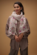 White Pure Organza Silk Saree with Bird Print on the body and Without Border displayed on a mannequin