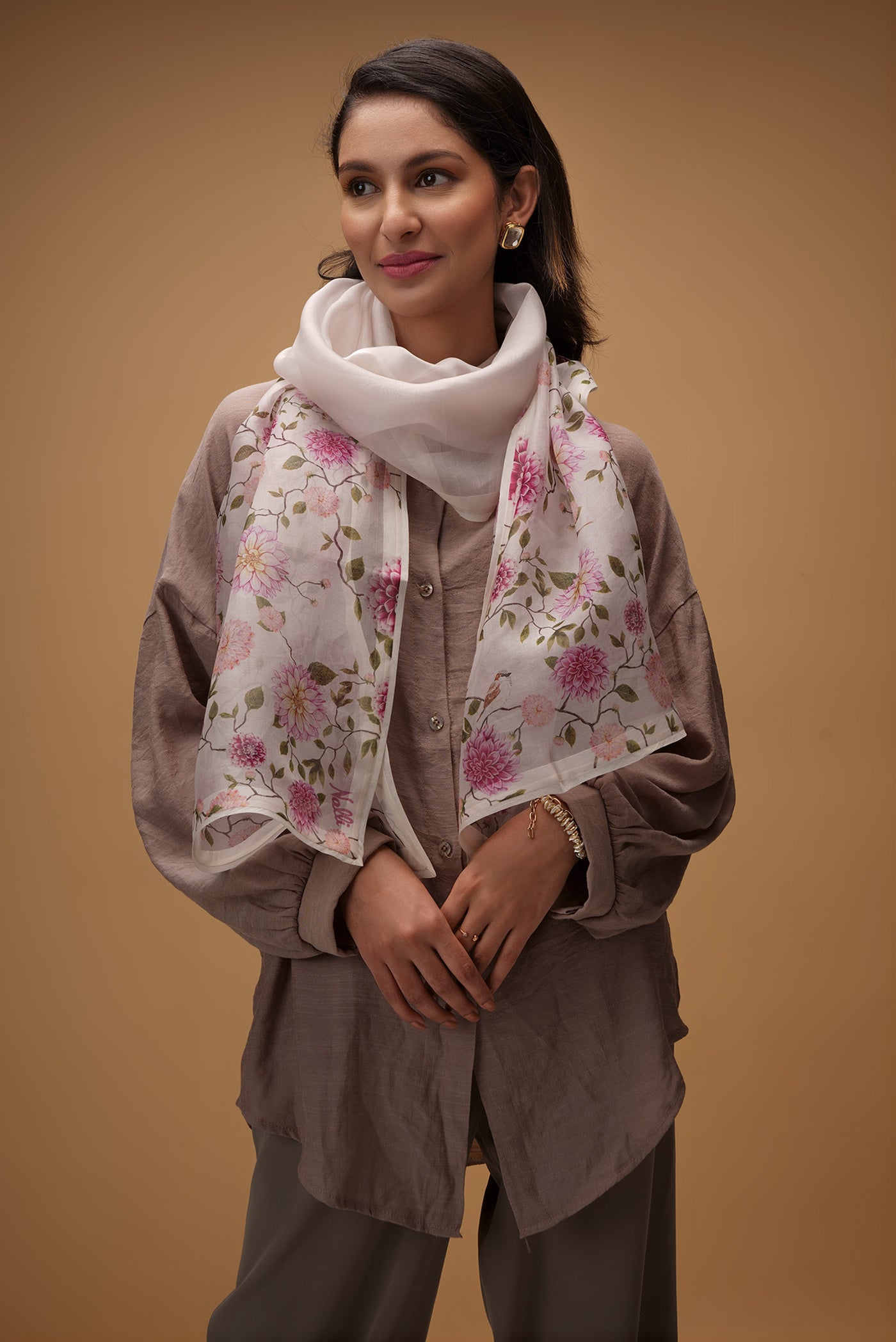 White Pure Organza Silk Saree with Bird Print on the body and Without Border displayed on a mannequin
