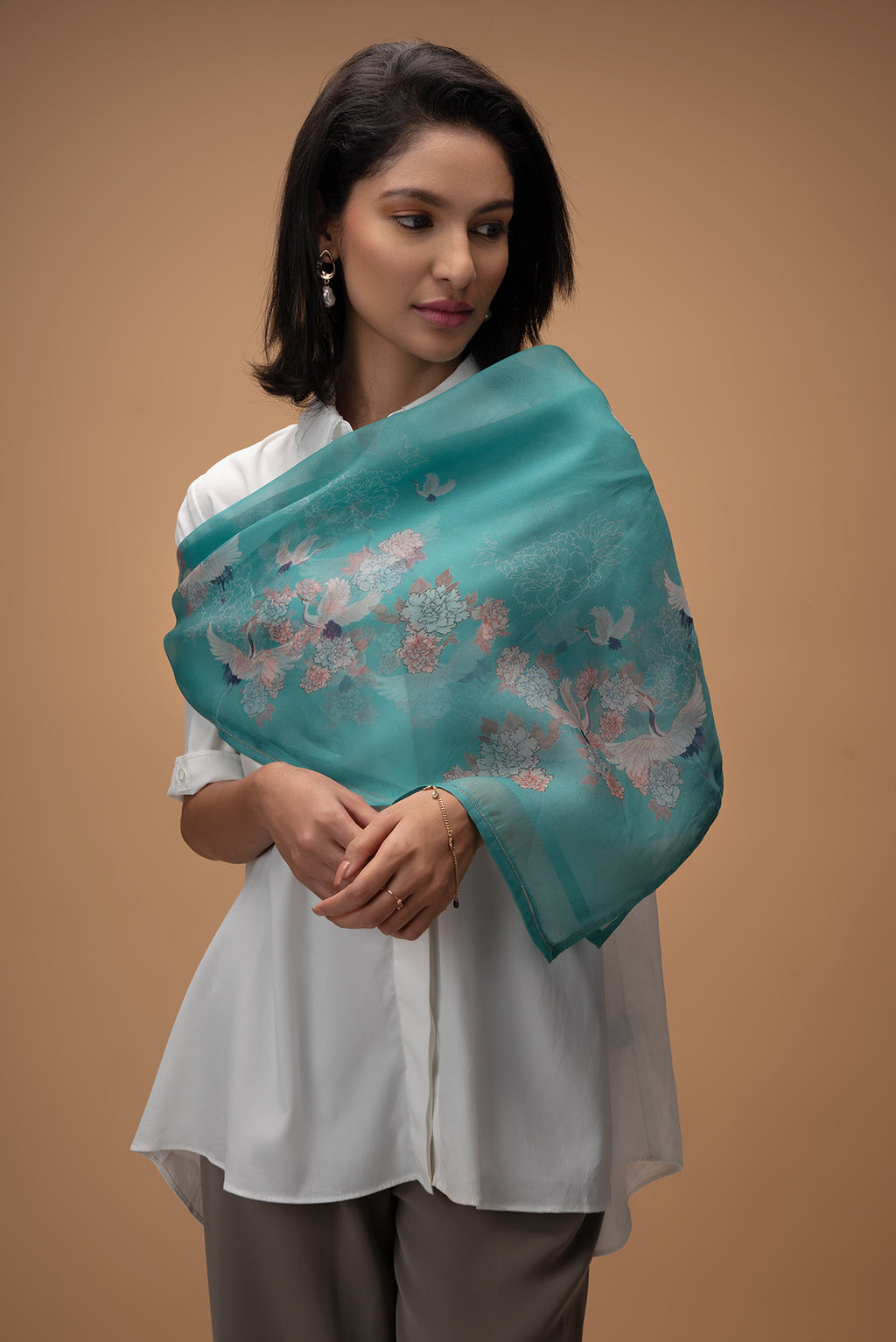 Blue Pure Organza Silk Saree with Bird Print on the body and Without Border displayed on a mannequin