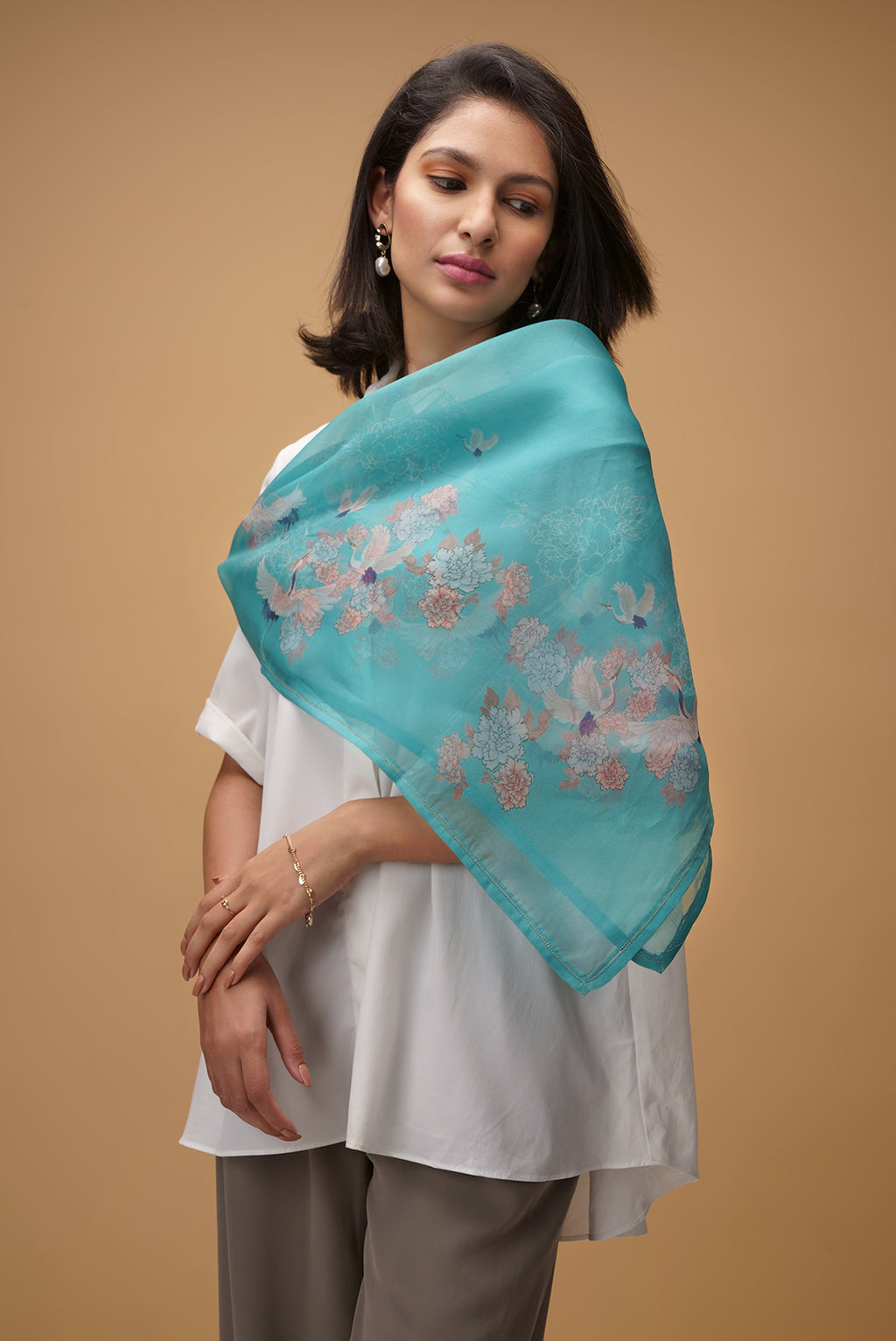 Flat view of Blue Pure Organza Silk Saree with Bird Print on the body and Without Border