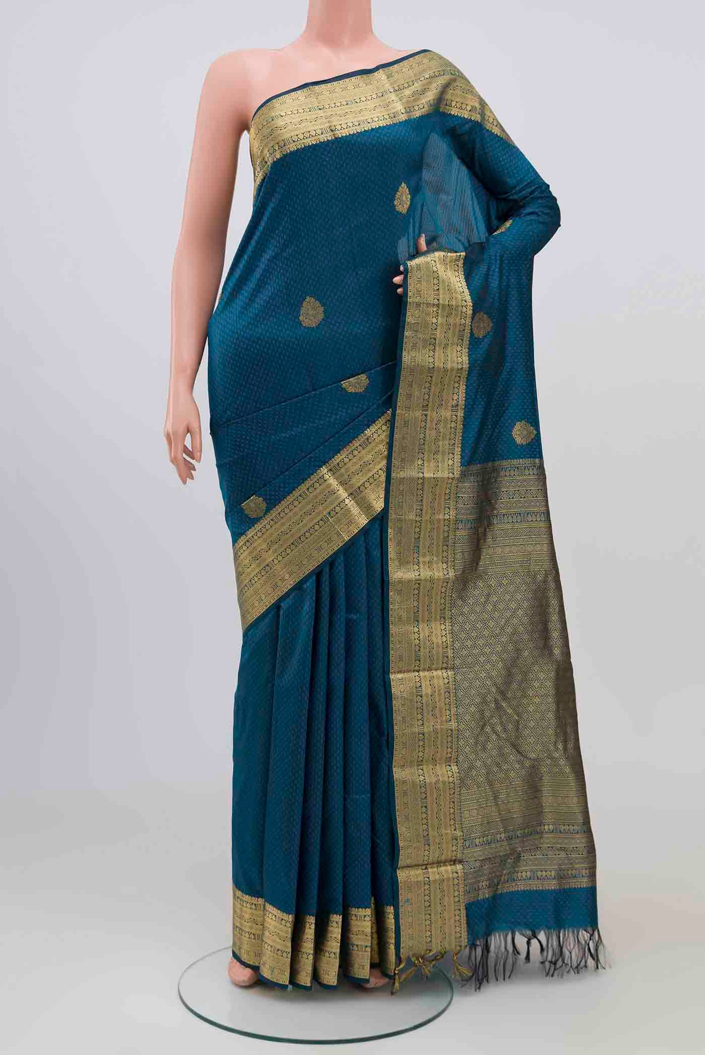 Blue Bangalore Silk Saree with Jacquard With Zari Butta on the body and Zari Border.  displayed on a mannequin