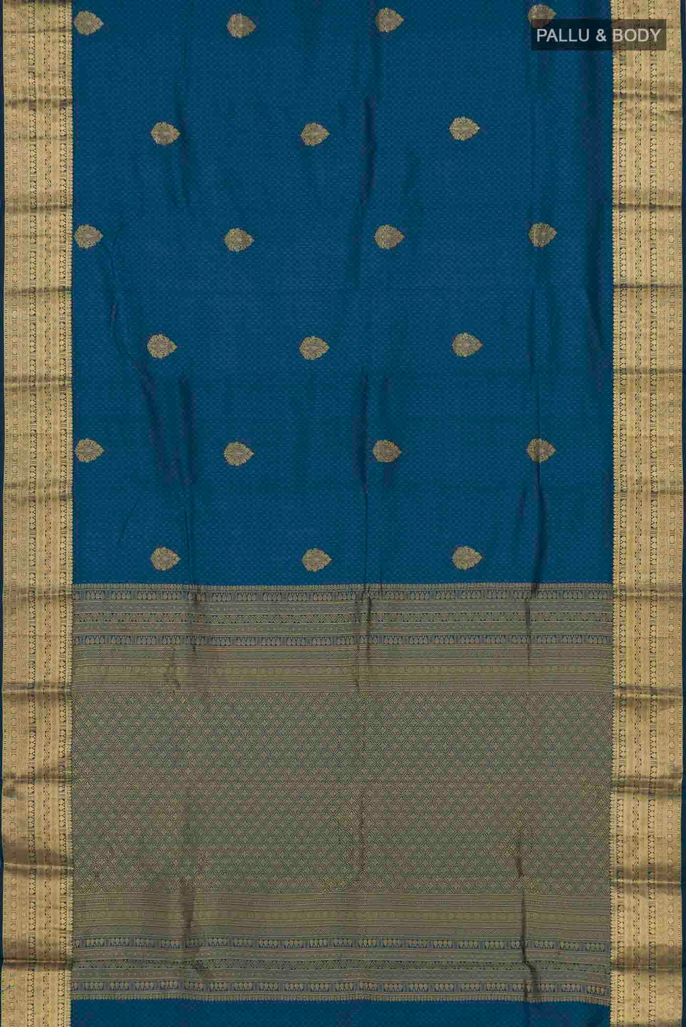 Flat view of Blue Bangalore Silk Saree with Jacquard With Zari Butta on the body and Zari Border. 