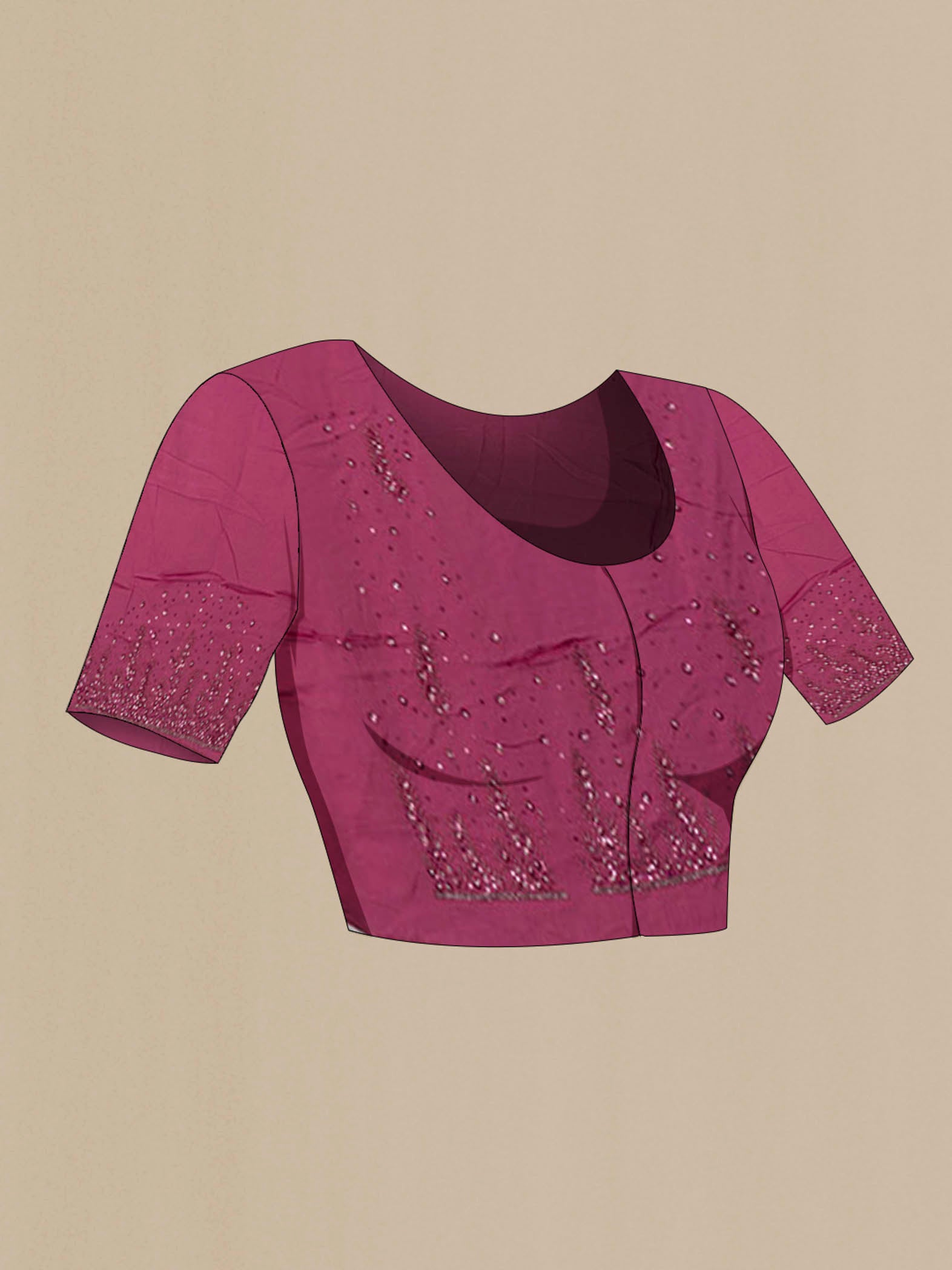 Close up image of the blouse of Mauve Blended Organza Silk Saree with Embroidery on the body and Fancy Border. 