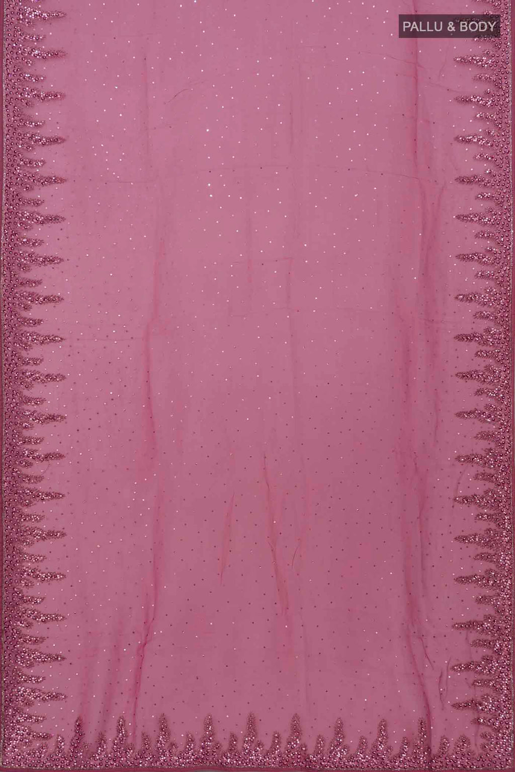 Flat view of Mauve Blended Organza Silk Saree with Embroidery on the body and Fancy Border. 