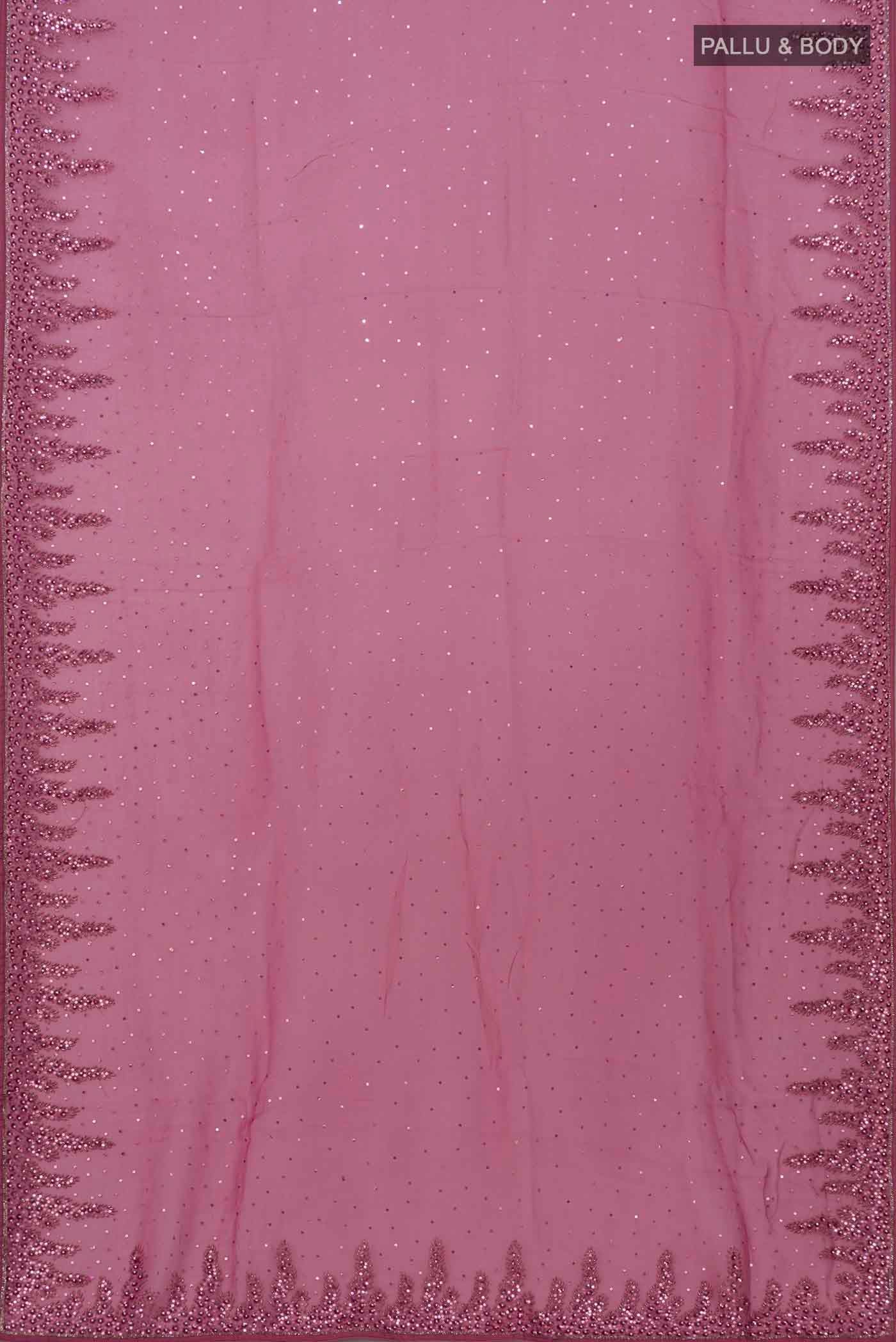 Flat view of Mauve Blended Organza Silk Saree with Embroidery on the body and Fancy Border. 