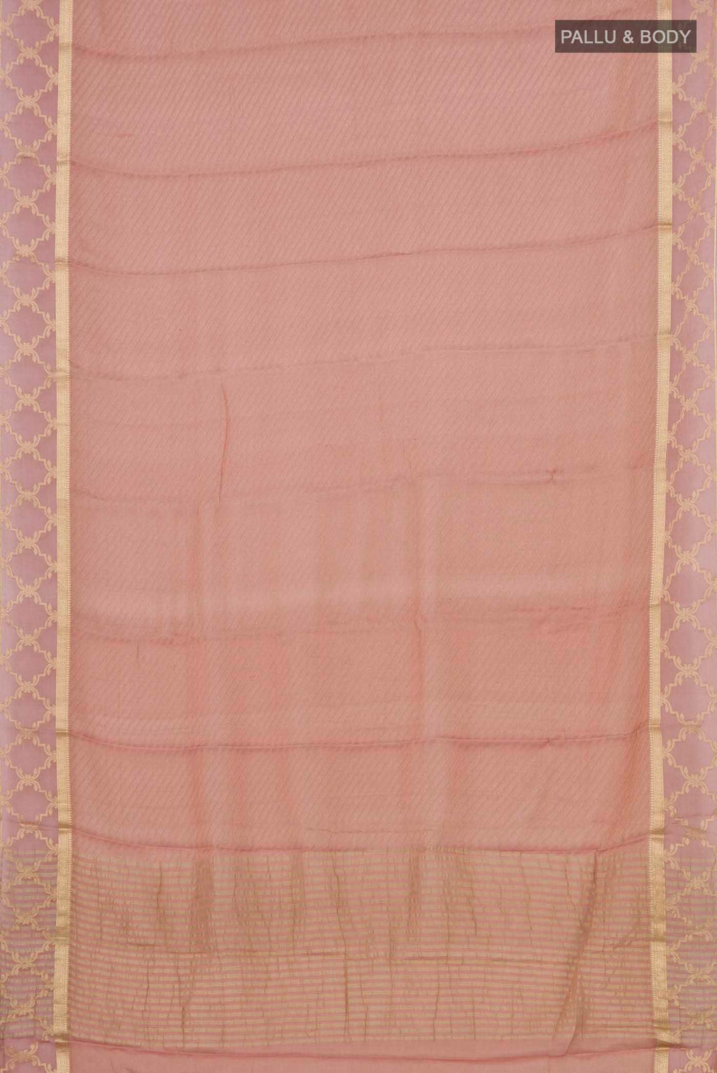 Flat view of Peach Mysore Georgette Saree with Zari Brocade on the body and Zari Border. 