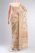 Gold Blended Kota Cotton Saree with Embroidery on the body and Zari And Thread Border.  displayed on a mannequin