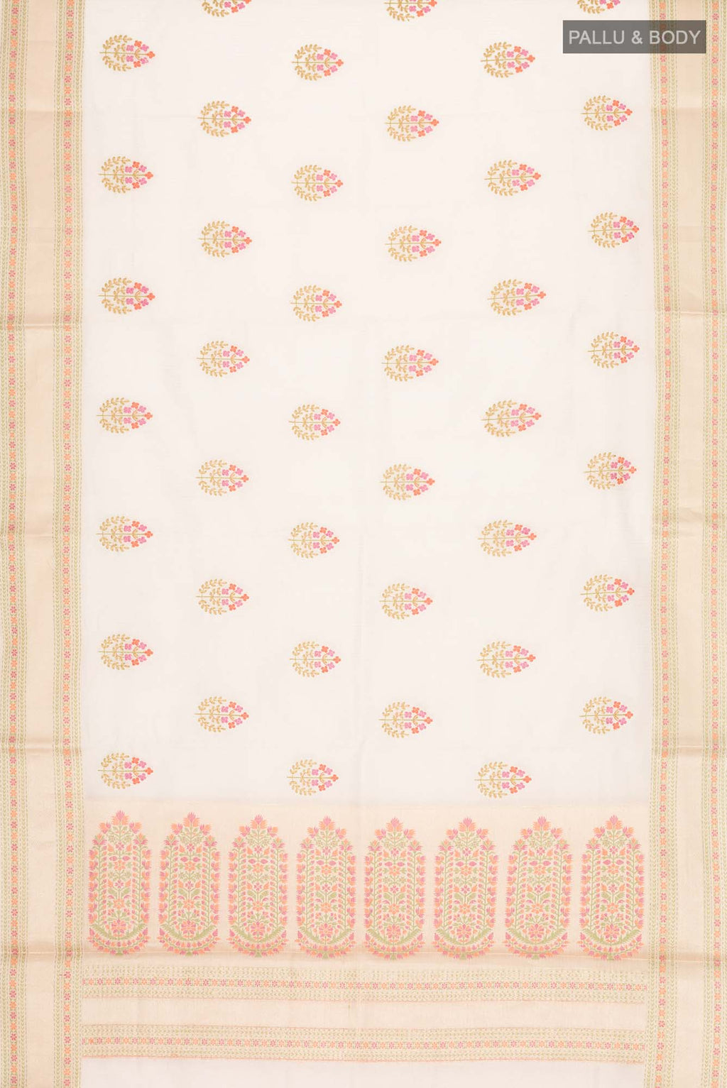Flat view of Gold Blended Kota Cotton Saree with Embroidery on the body and Zari And Thread Border. 