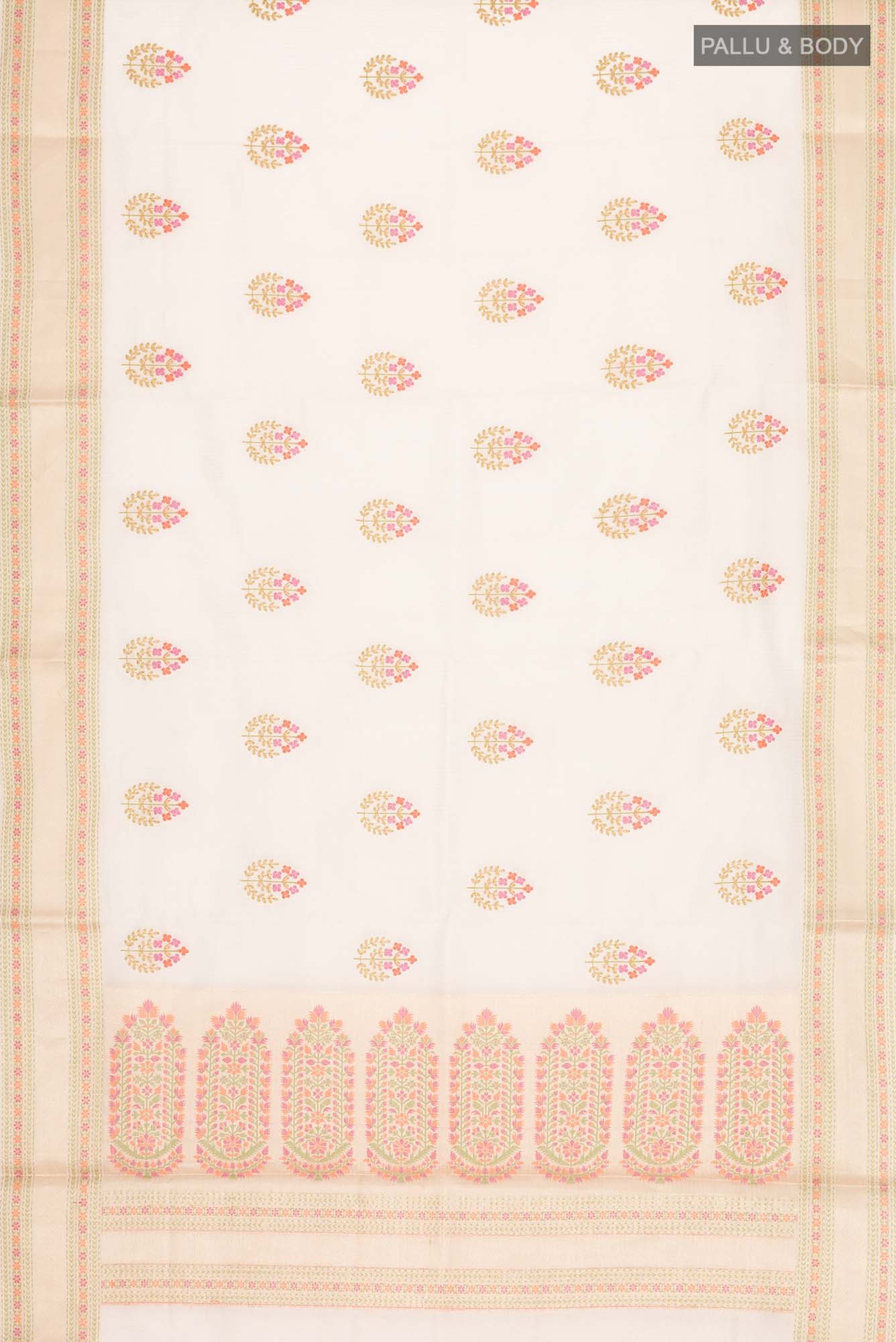 Flat view of Gold Blended Kota Cotton Saree with Embroidery on the body and Zari And Thread Border. 