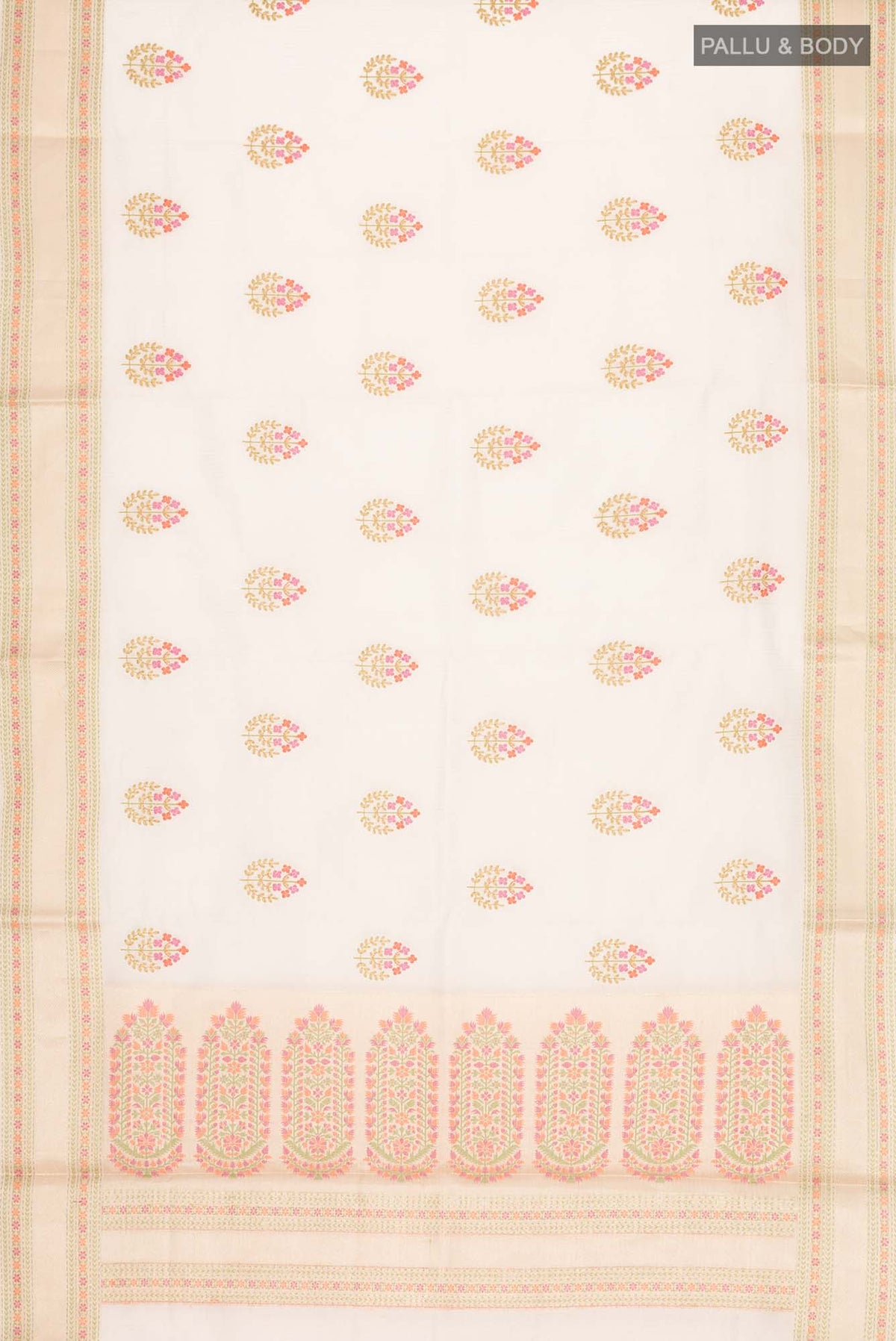 Flat view of Gold Blended Kota Cotton Saree with Embroidery on the body and Zari And Thread Border. 