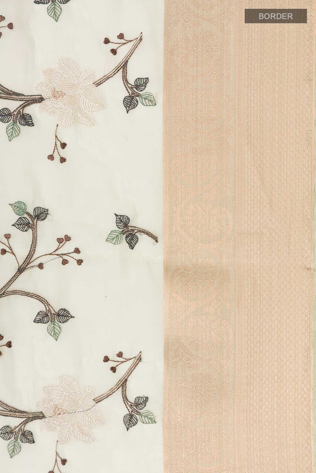 Border image of Green Blended Organza Silk Saree with Embroidery on the body and Zari Border. 